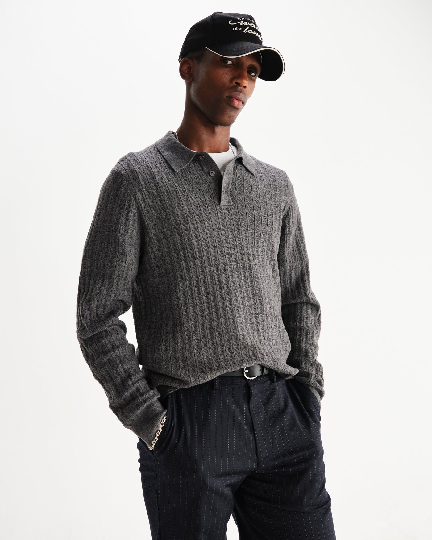 Oban Polo - Diamond Stripe Knit Grey Marl