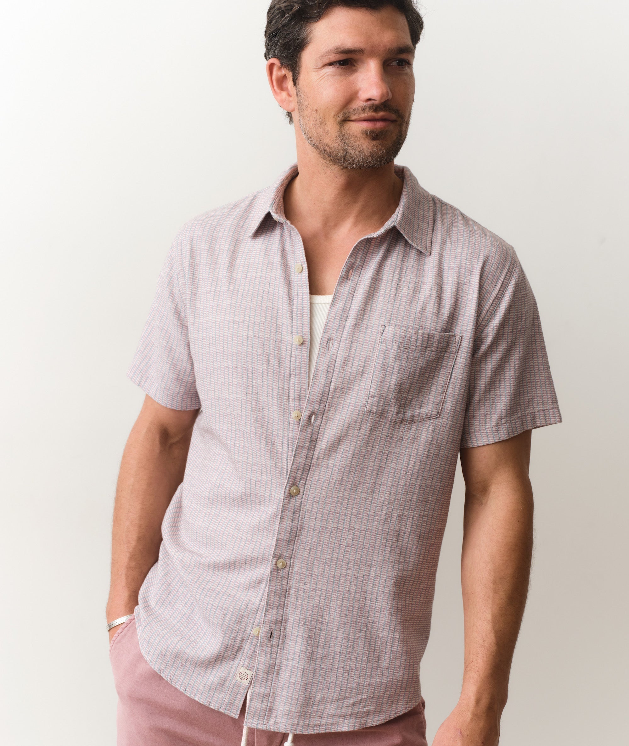 Classic Stretch Selvage Short Sleeve Shirt Purple Matchstick Print