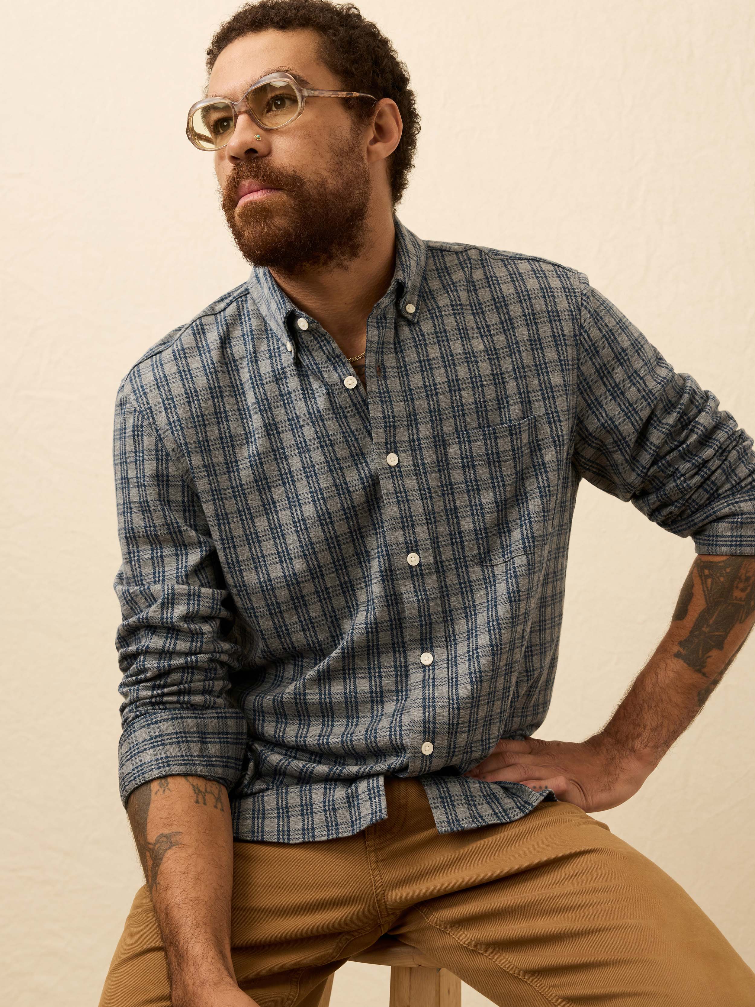 Coastline Knit Shirt Ocean Grey Check