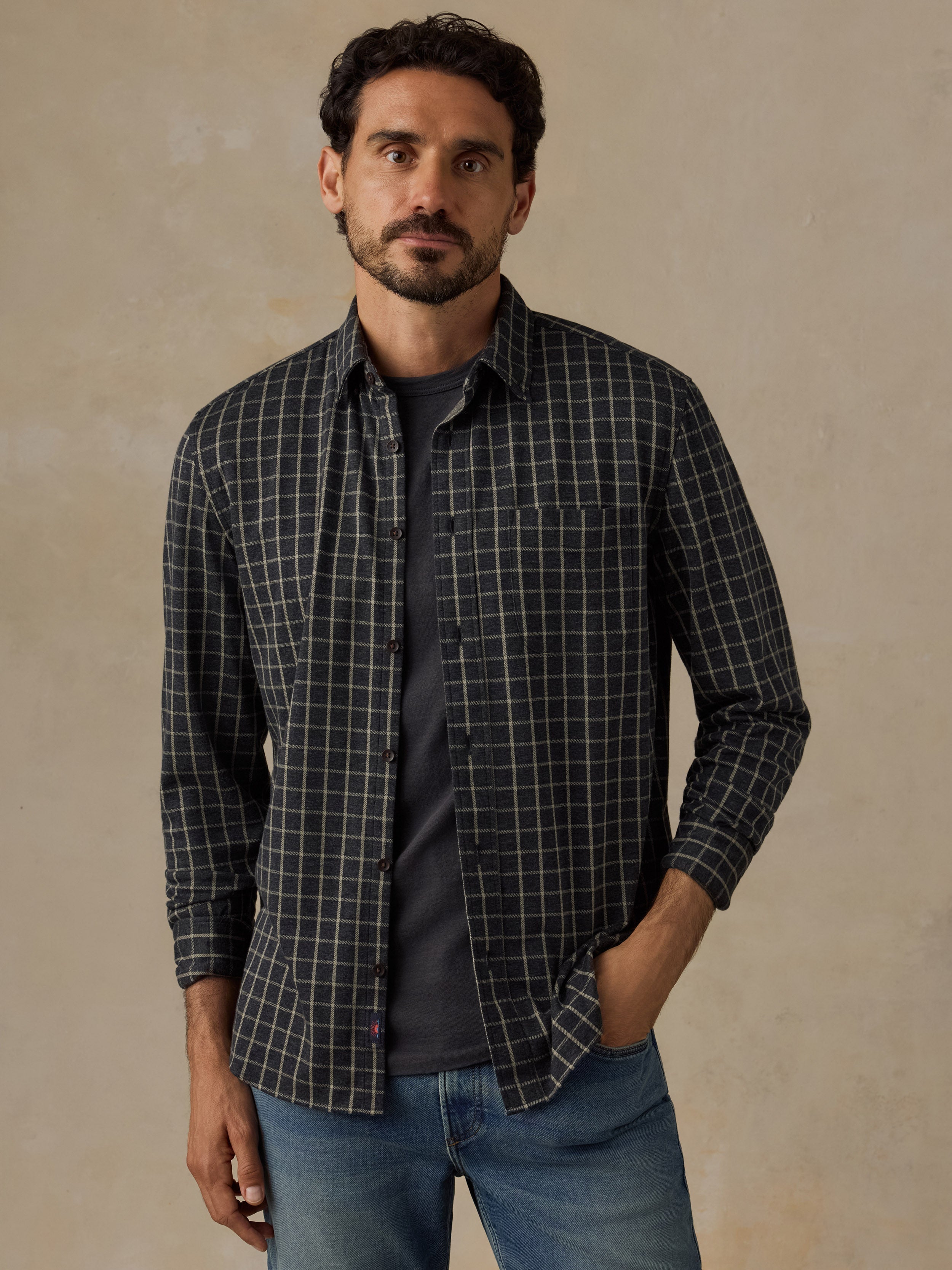 Coastline Knit Shirt Charcoal Sage Check