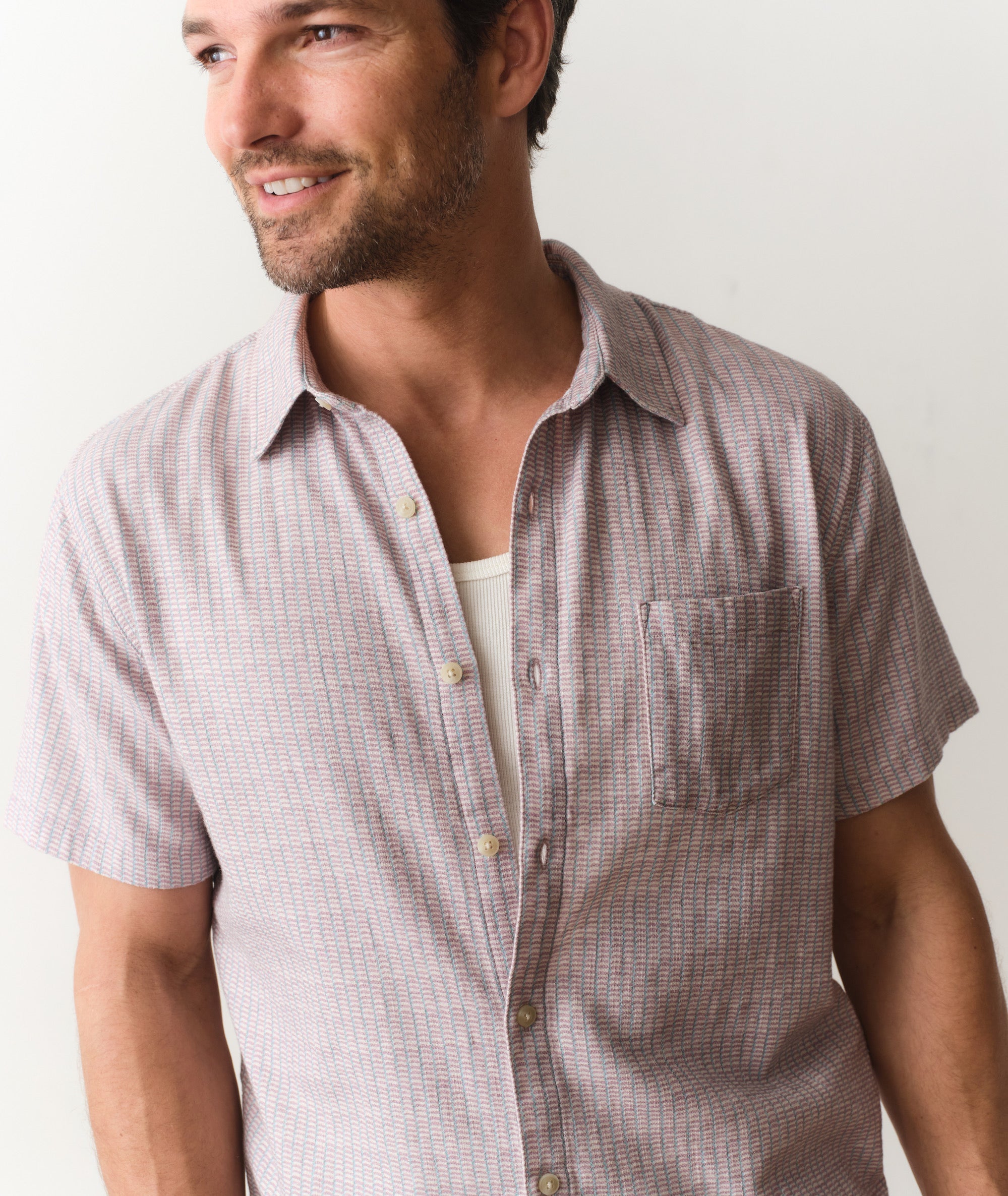 Classic Stretch Selvage Short Sleeve Shirt Purple Matchstick Print