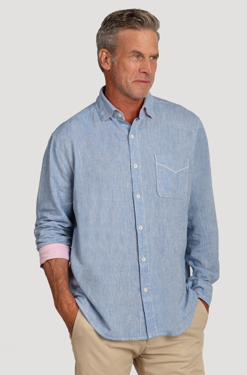 Washed Melange Cotton Linen Shirt Chambray