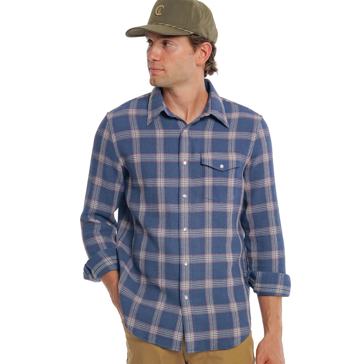 Waffle Plaid Pearl Snap Shirt Navy Plaid