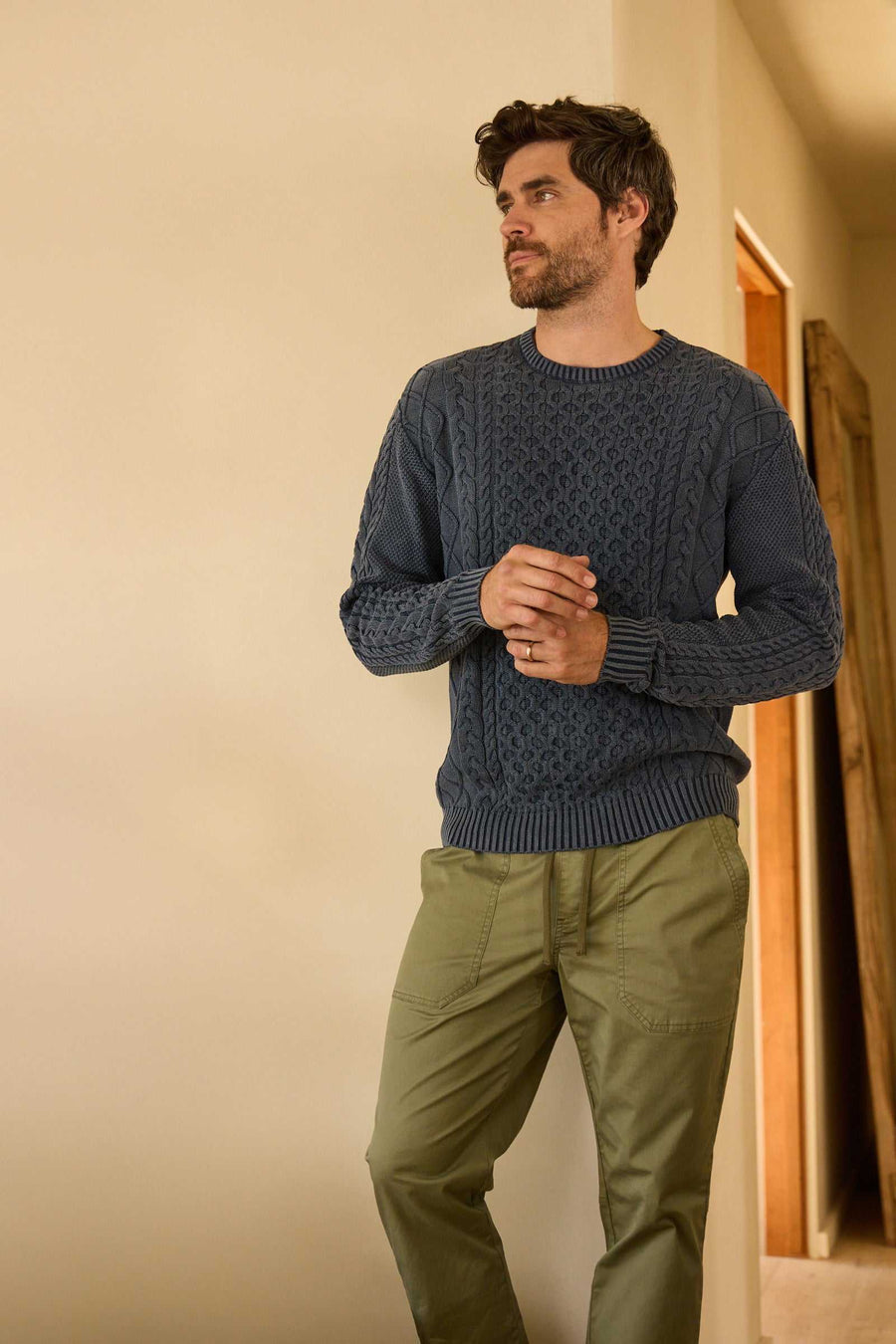 Edward Washed Cable Knit Crew Sweater Oceana