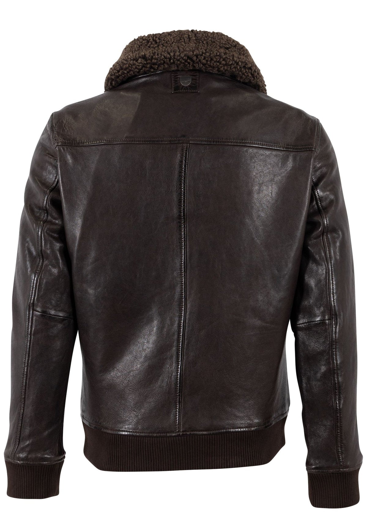Distressed Leather Shearling Collar Bomber Jacket Dark Chocolate
