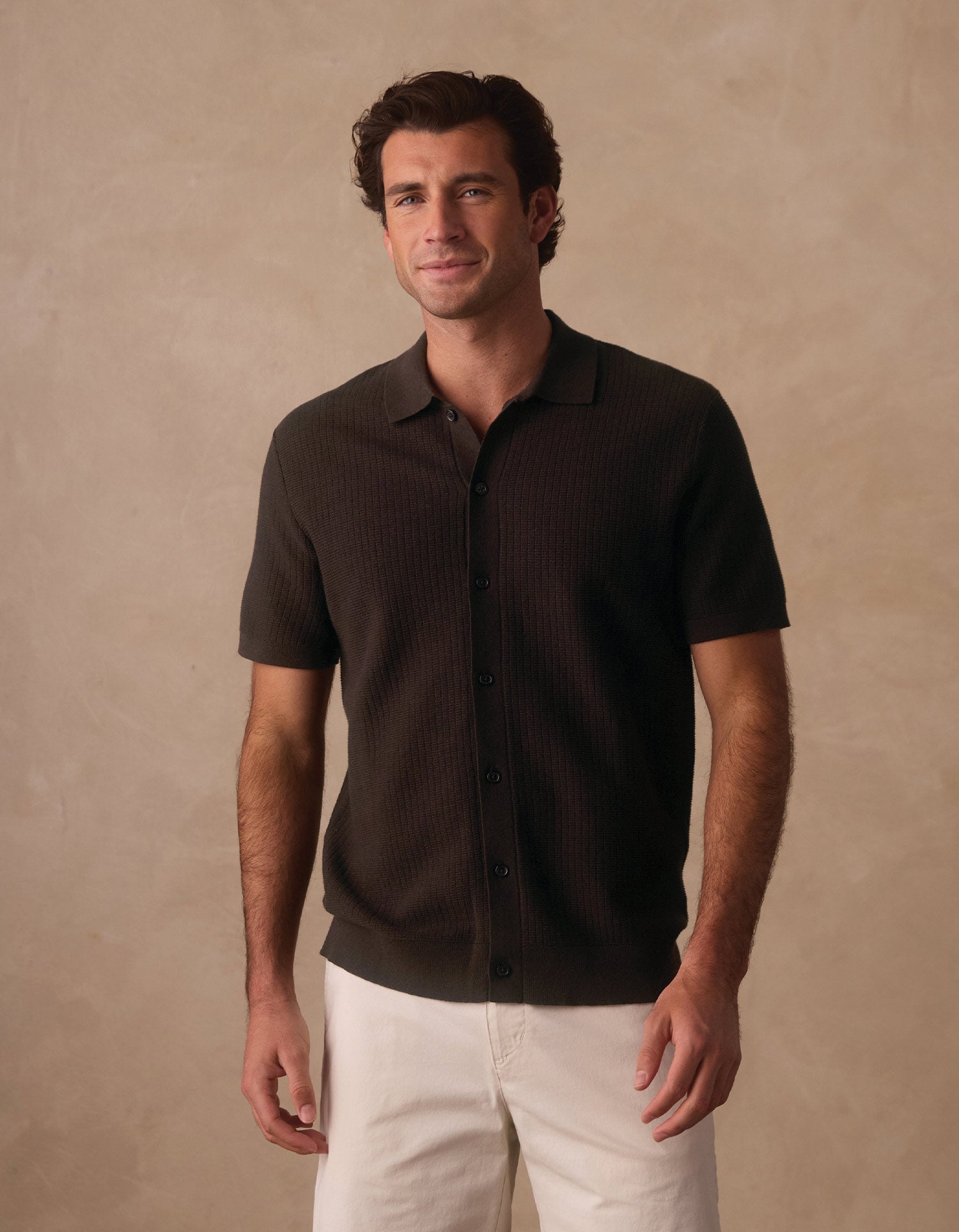 Breezeknit Short Sleeve Button Up Dark Brown