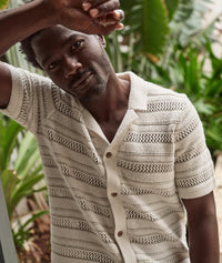 Open Knit Button Down Natural Stripe