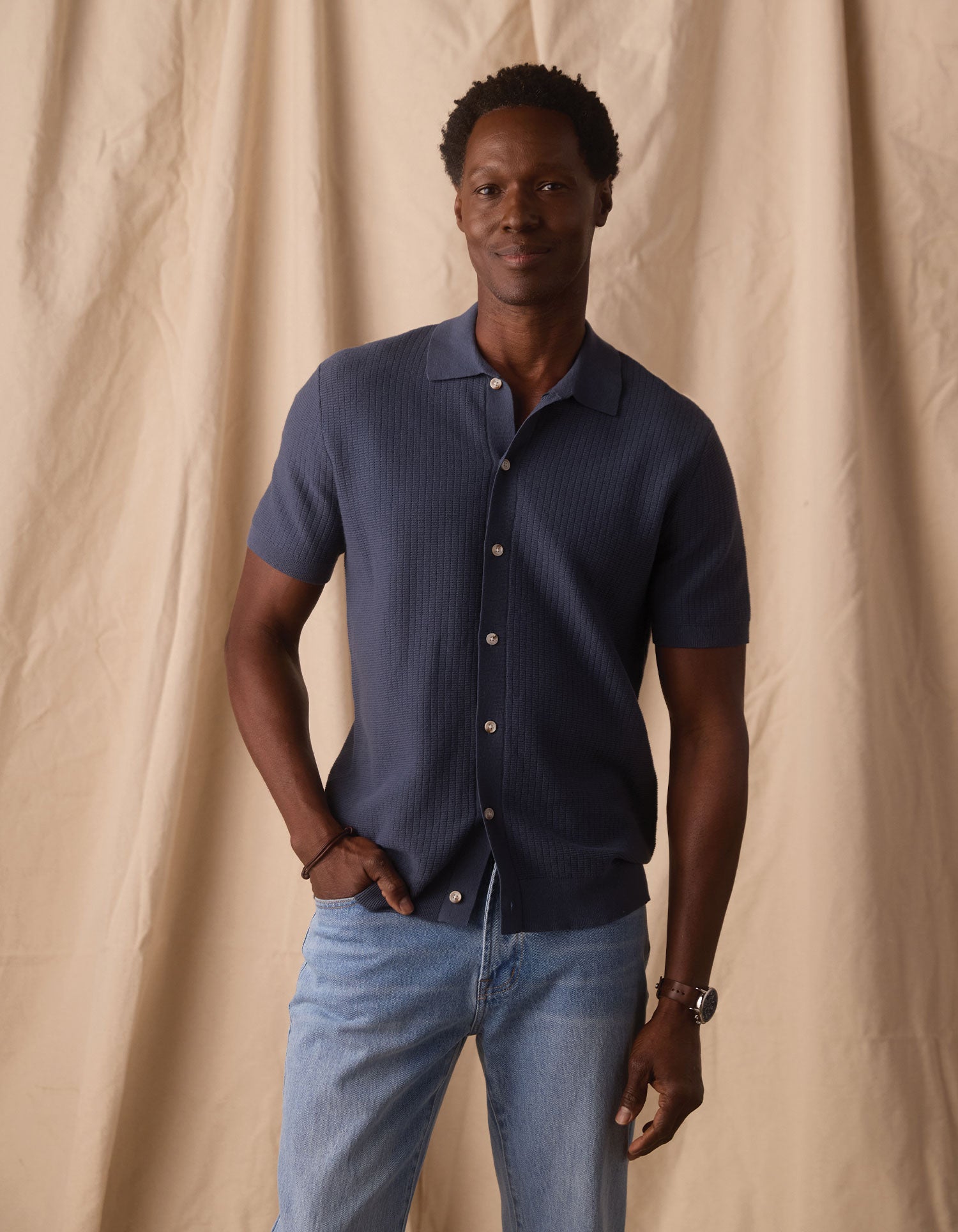 Breezeknit Short Sleeve Button Up Vintage Blue