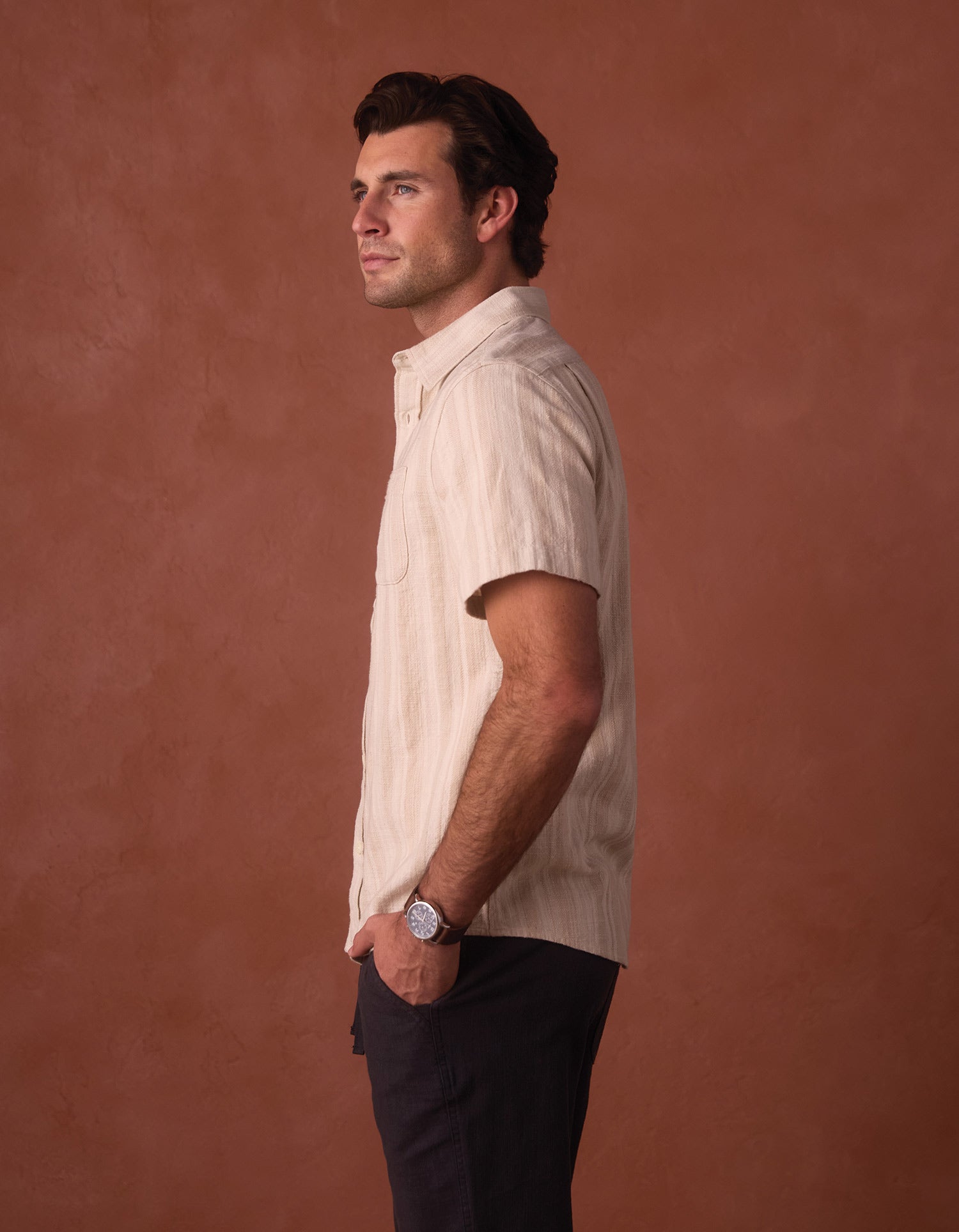 Freshwater Stripe Button Up Shirt Sandstone