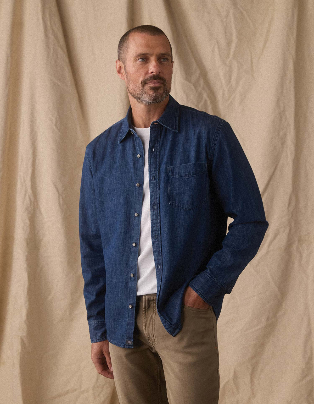 Cotton Denim LS Button Up Dark Wash