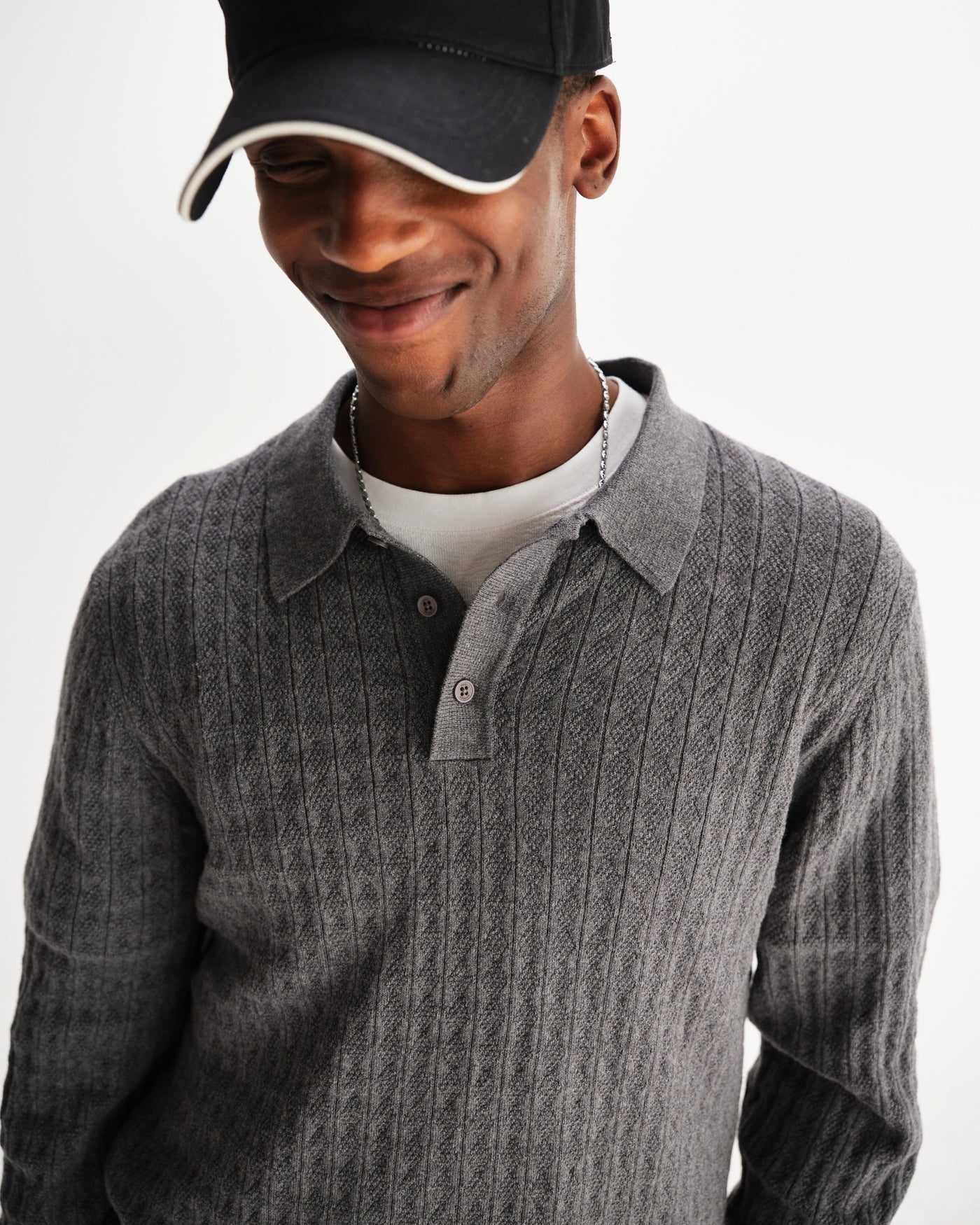 Oban Polo - Diamond Stripe Knit Grey Marl
