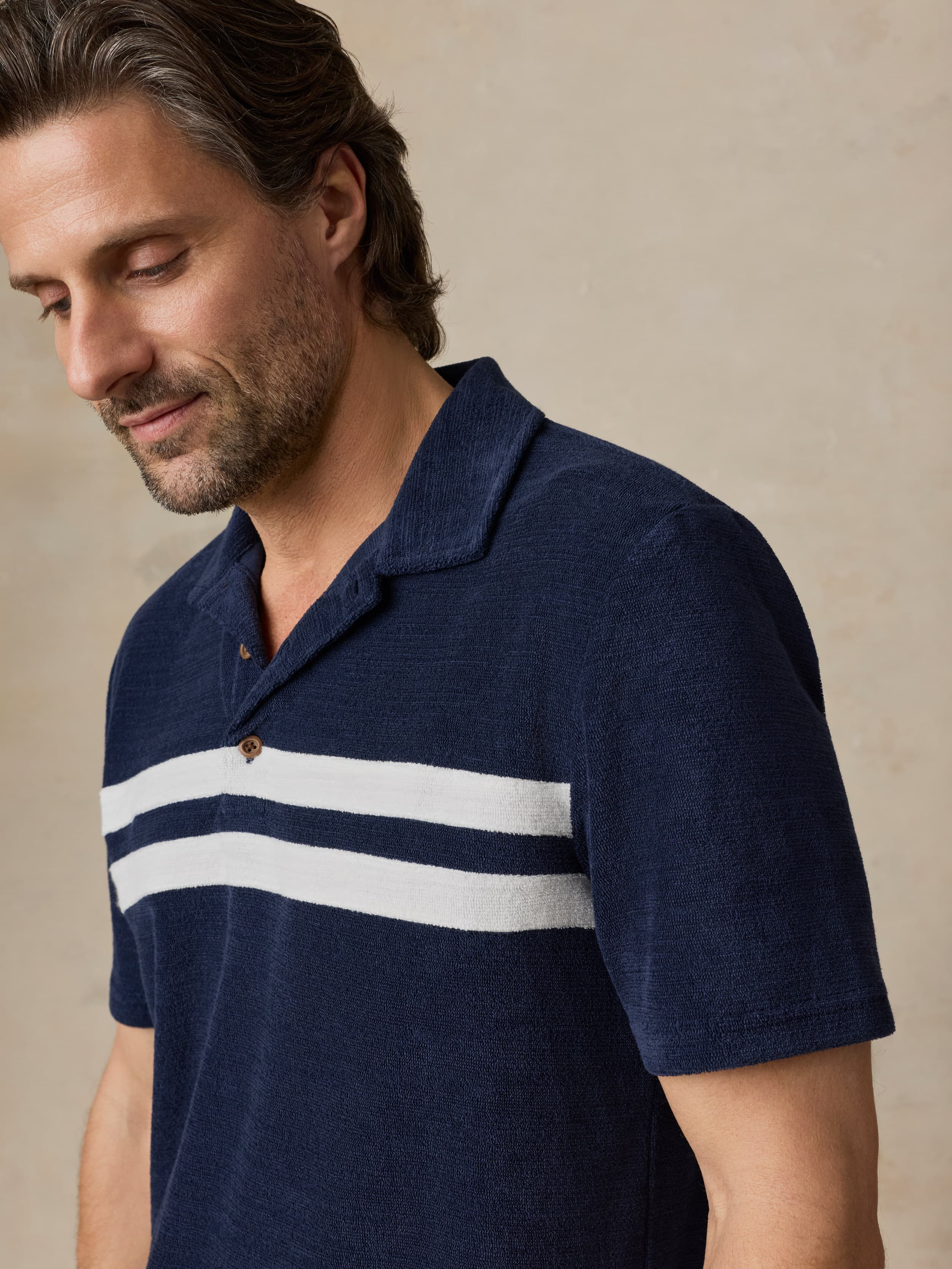 Cabana Towel Terry Surf Stripe Polo Deep Navy
