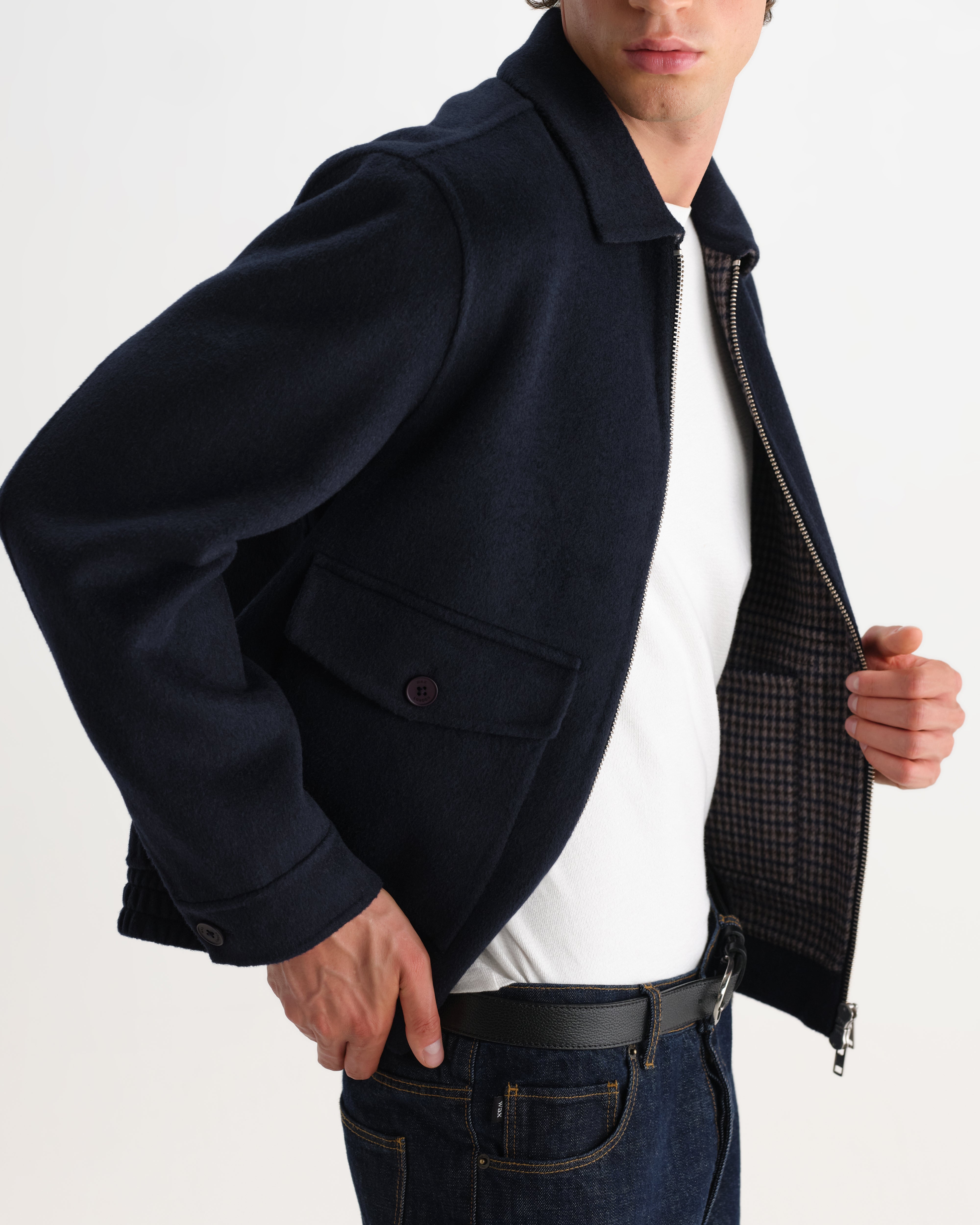 Hamblin Jacket in Double Face Check Navy/Brown