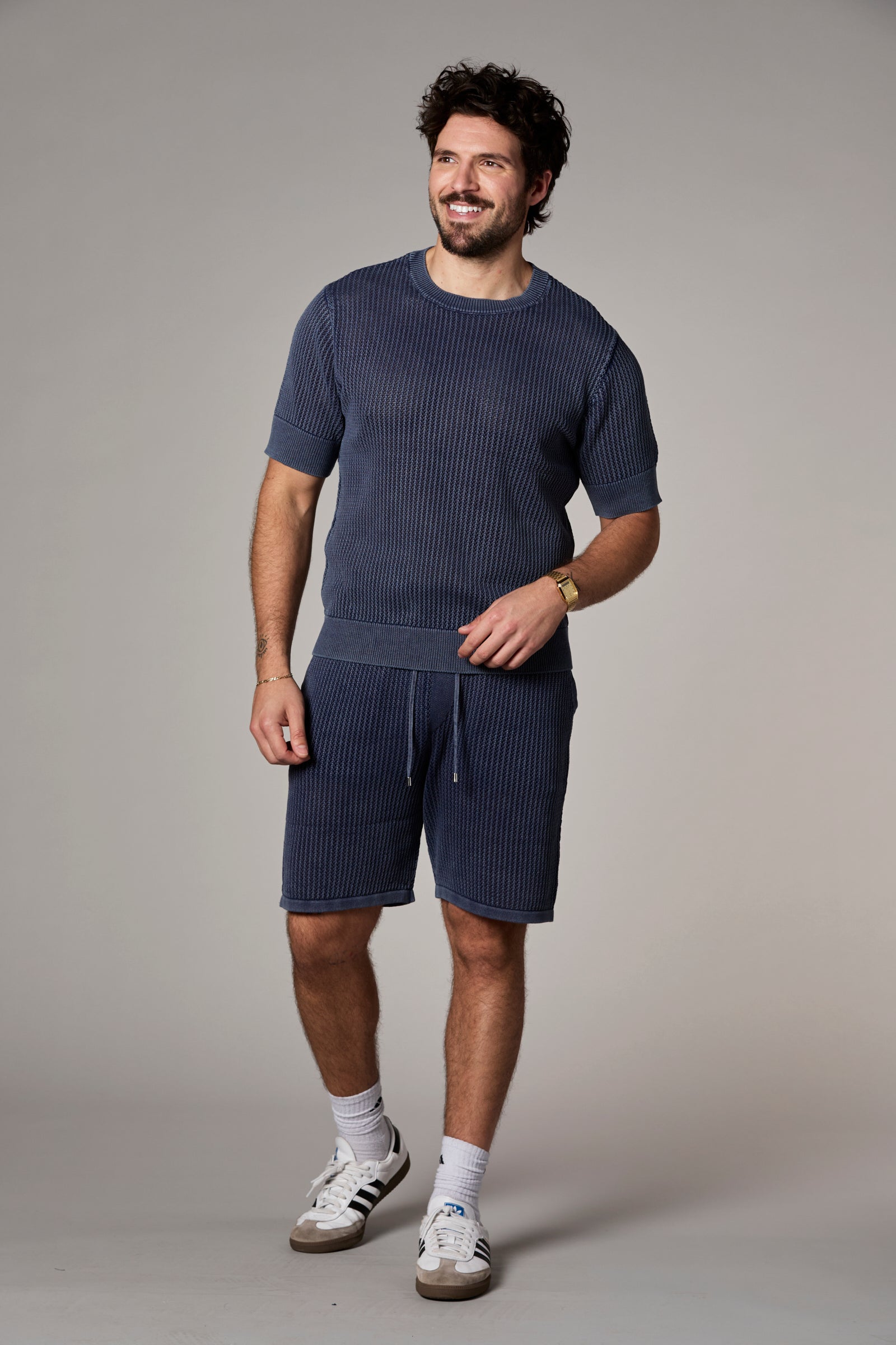 Vertical Knit Textured Tee Navy