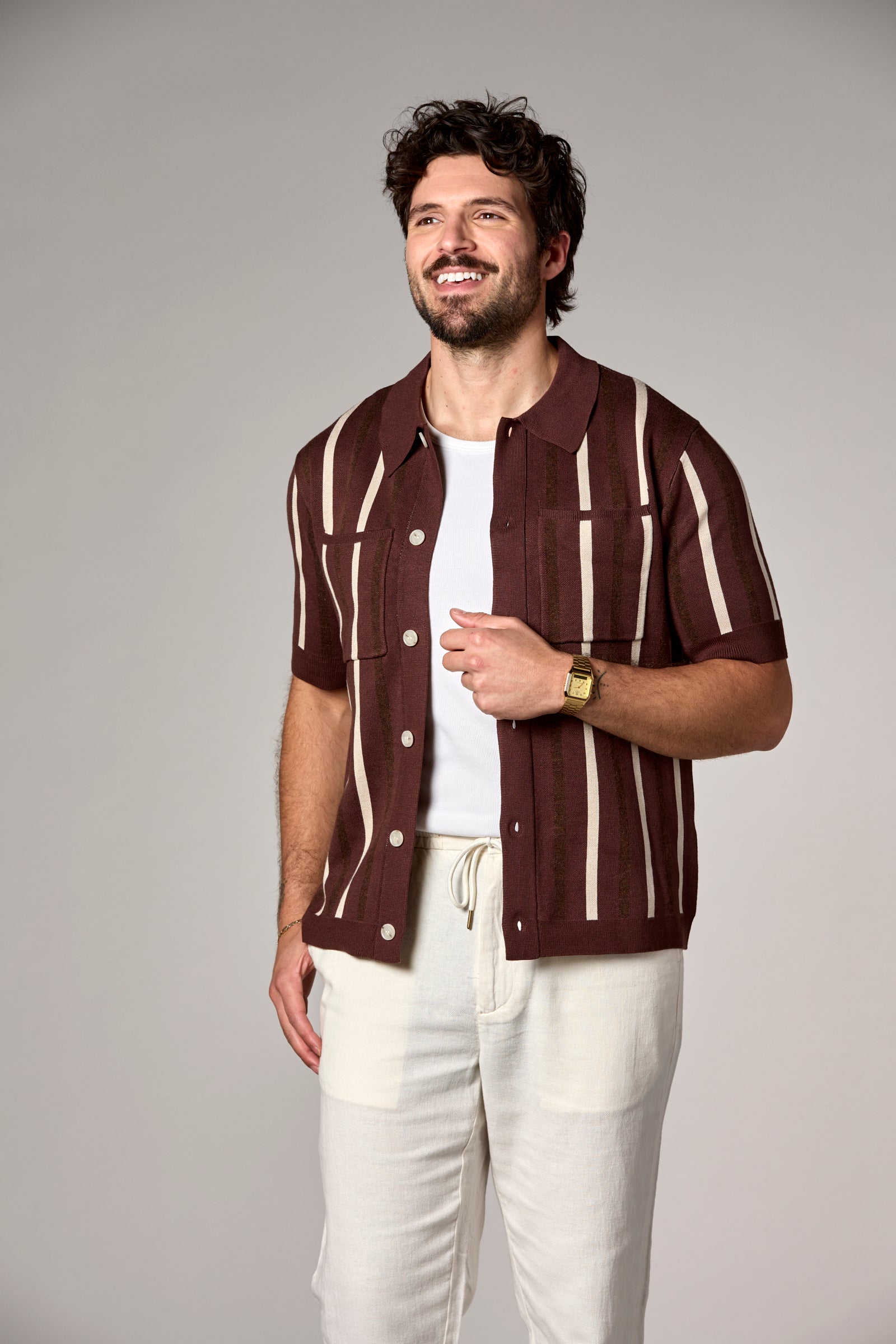 Striped Knit Shirt Taupe Multi