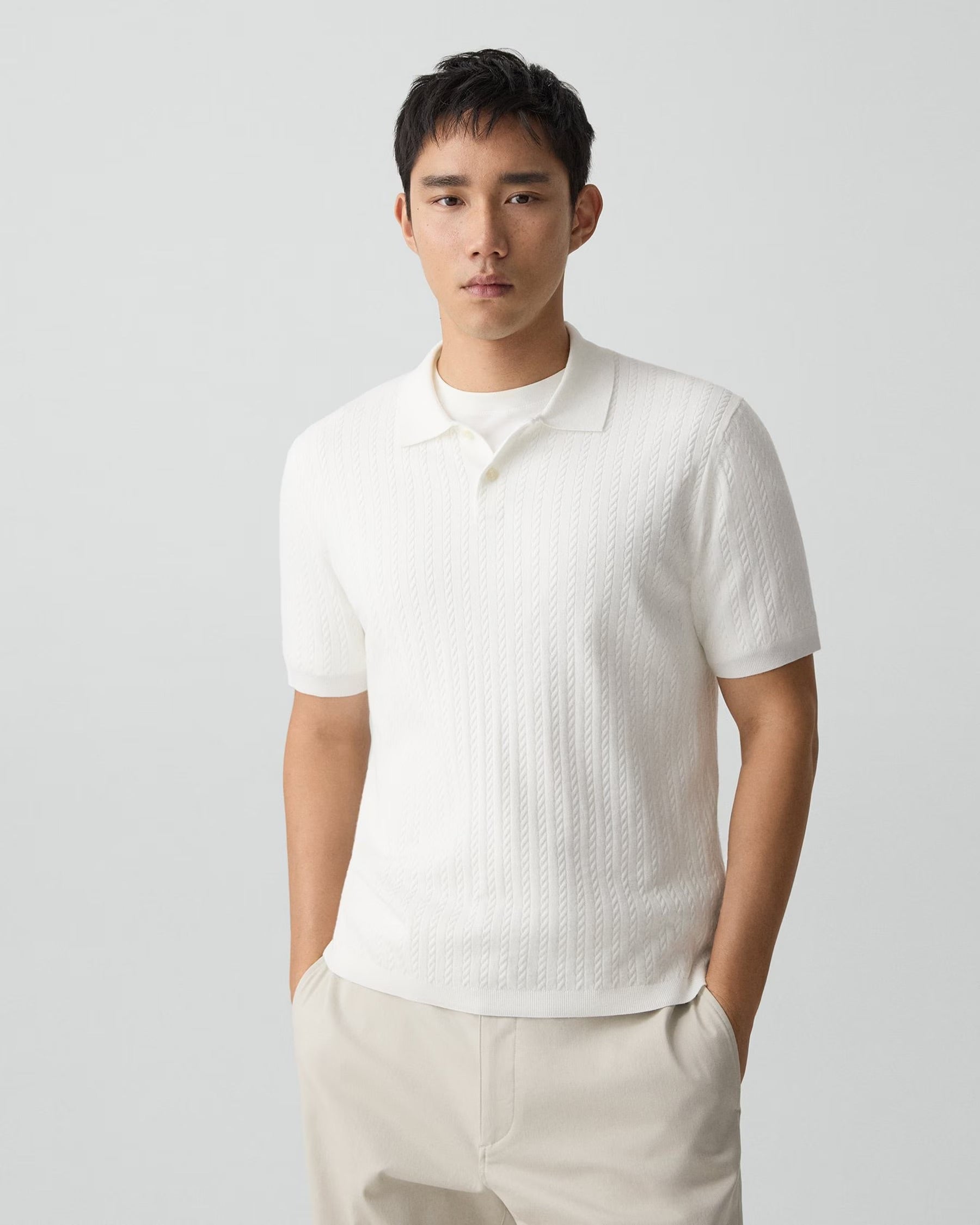 Cable Knit Polo in Light Bilen White