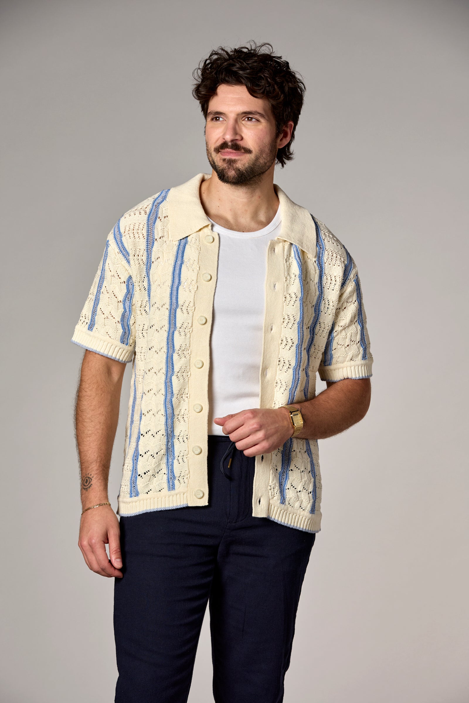 Striped Texture Knit Shirt Ivory/Blue