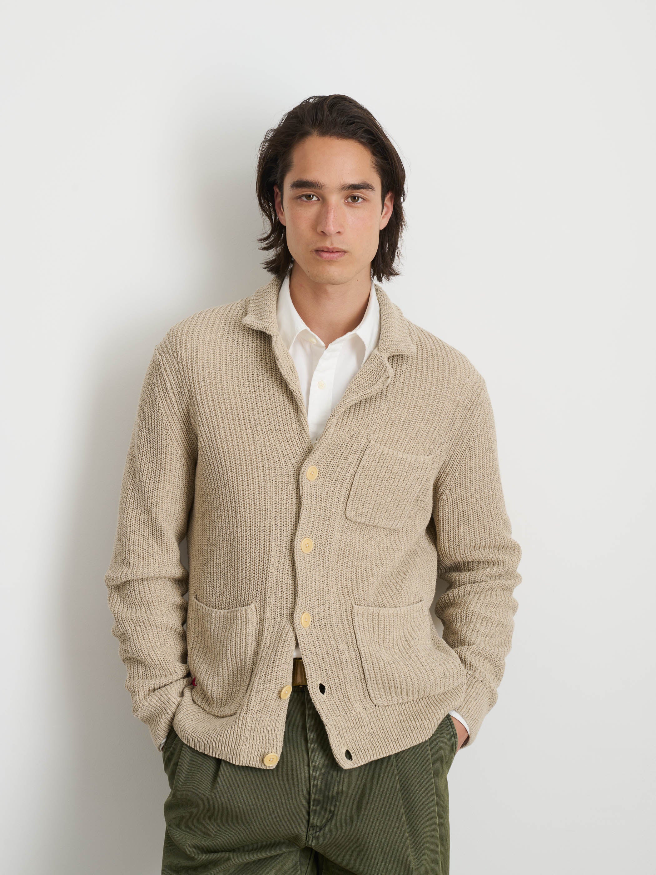Ribbed Blazer Cardigan In Linen Cotton Flax
