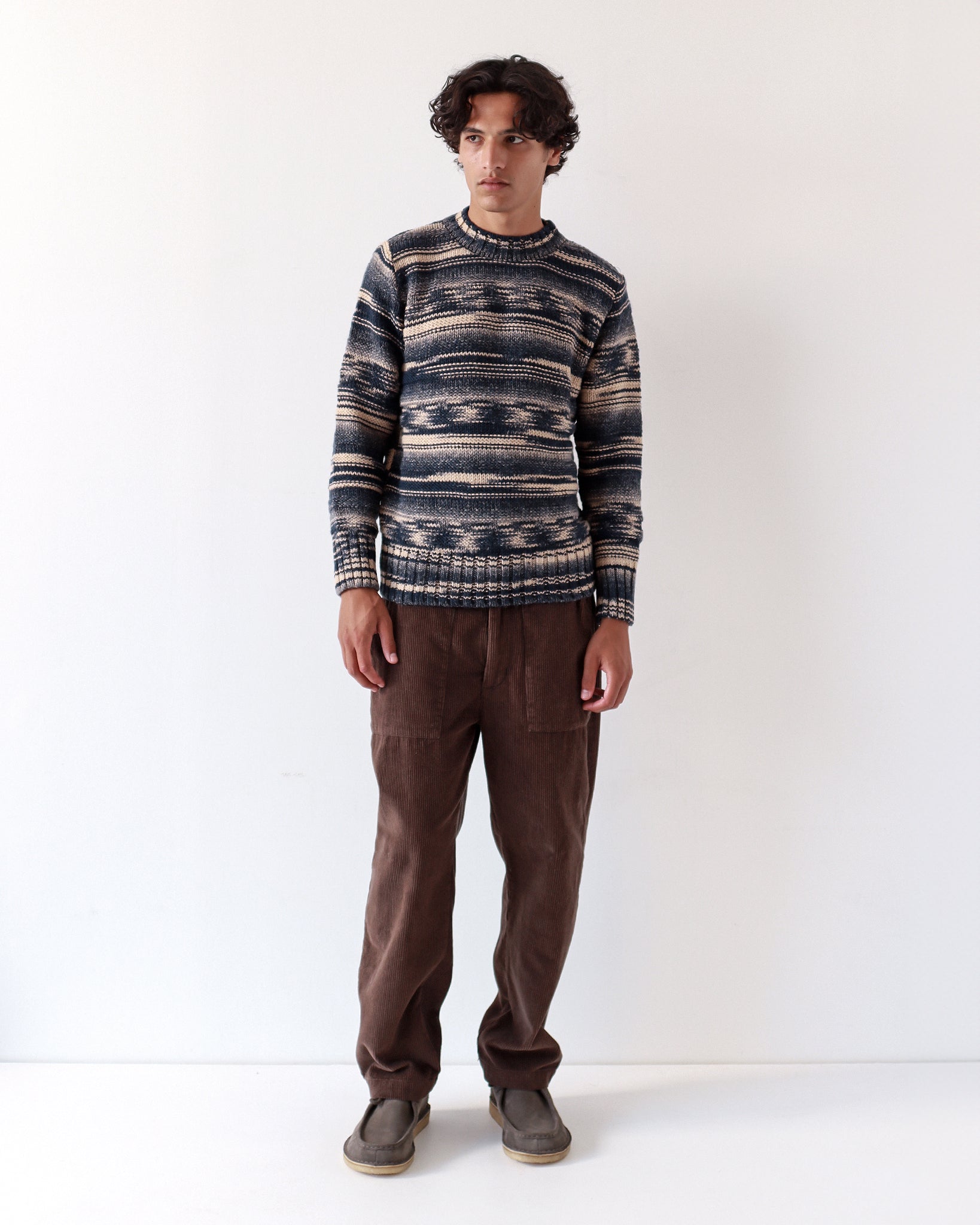 Hosono Stripe Knit Sweater, Navy Iris/Cornstalk