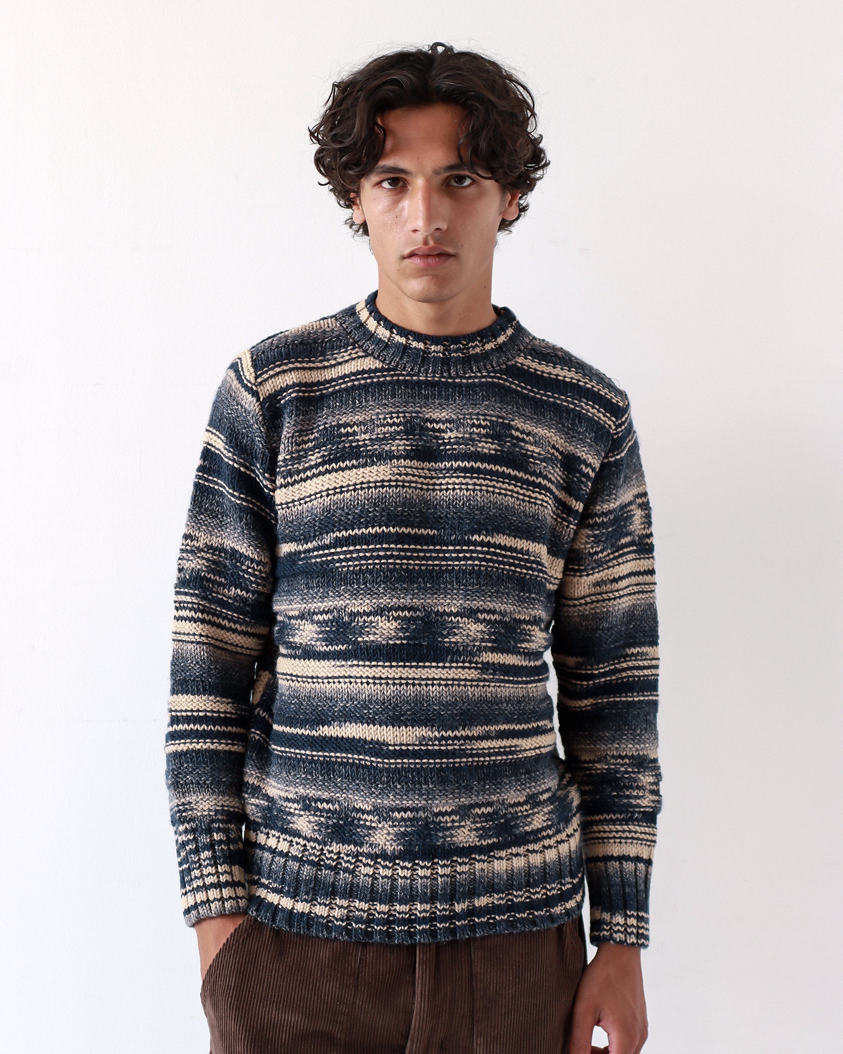 Hosono Stripe Knit Sweater, Navy Iris/Cornstalk