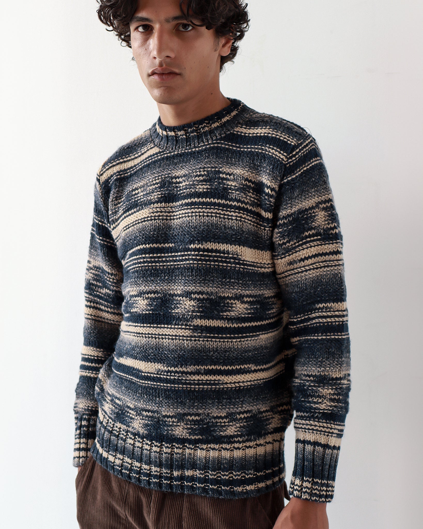 Hosono Stripe Knit Sweater, Navy Iris/Cornstalk