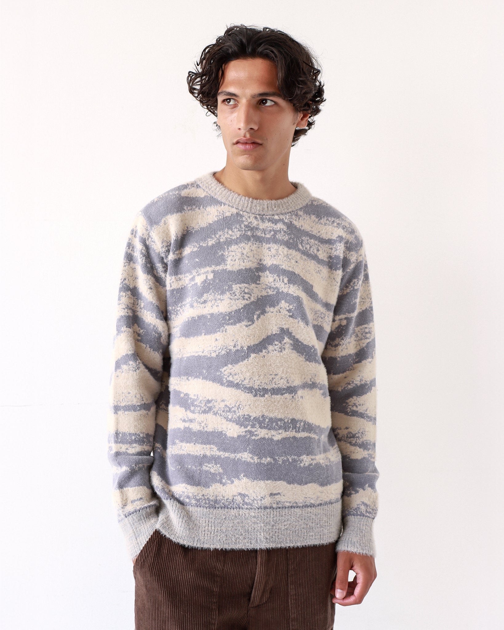 Ether Fluffy Knit Sweater, Silver Blue/Cornstalk