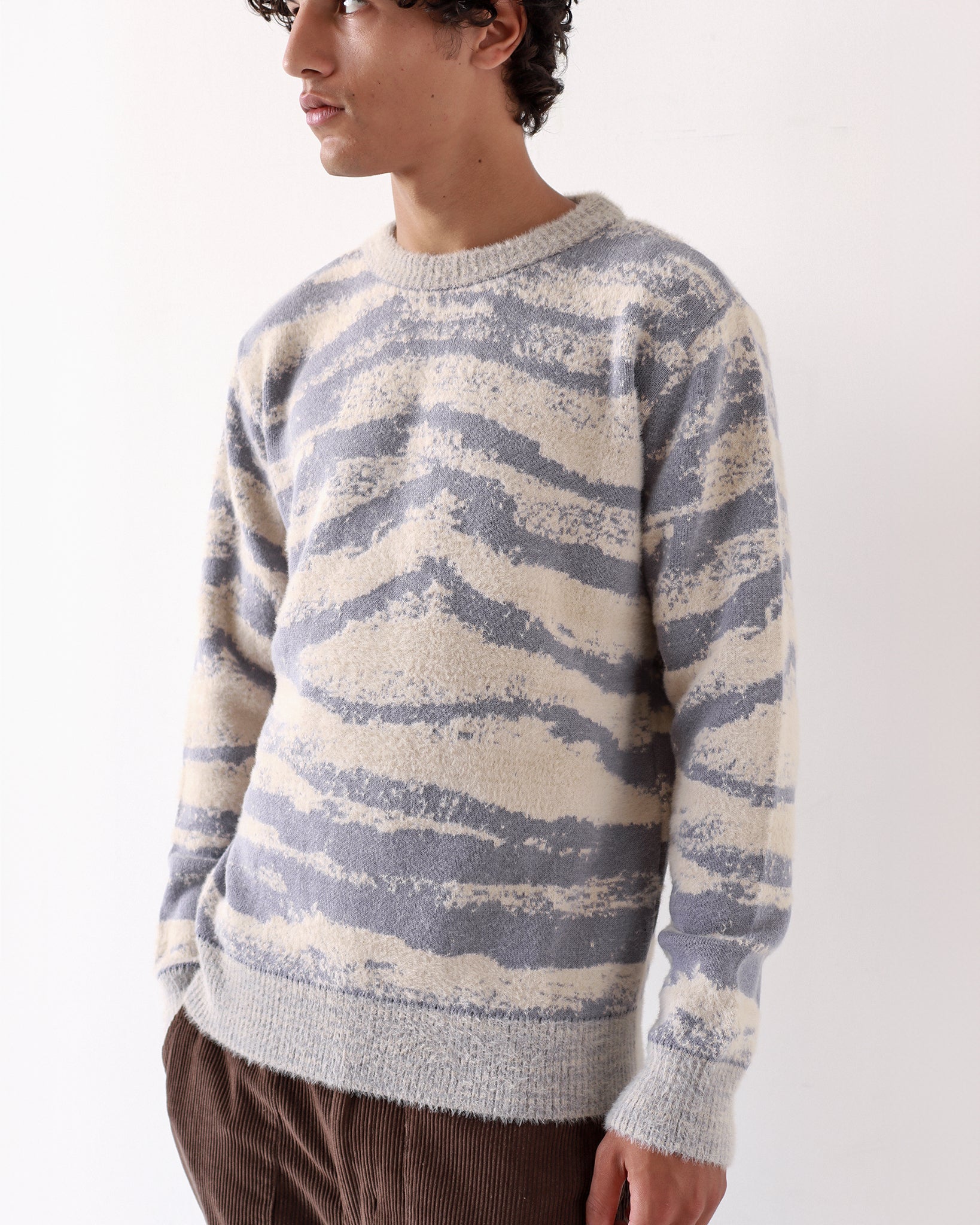 Ether Fluffy Knit Sweater, Silver Blue/Cornstalk