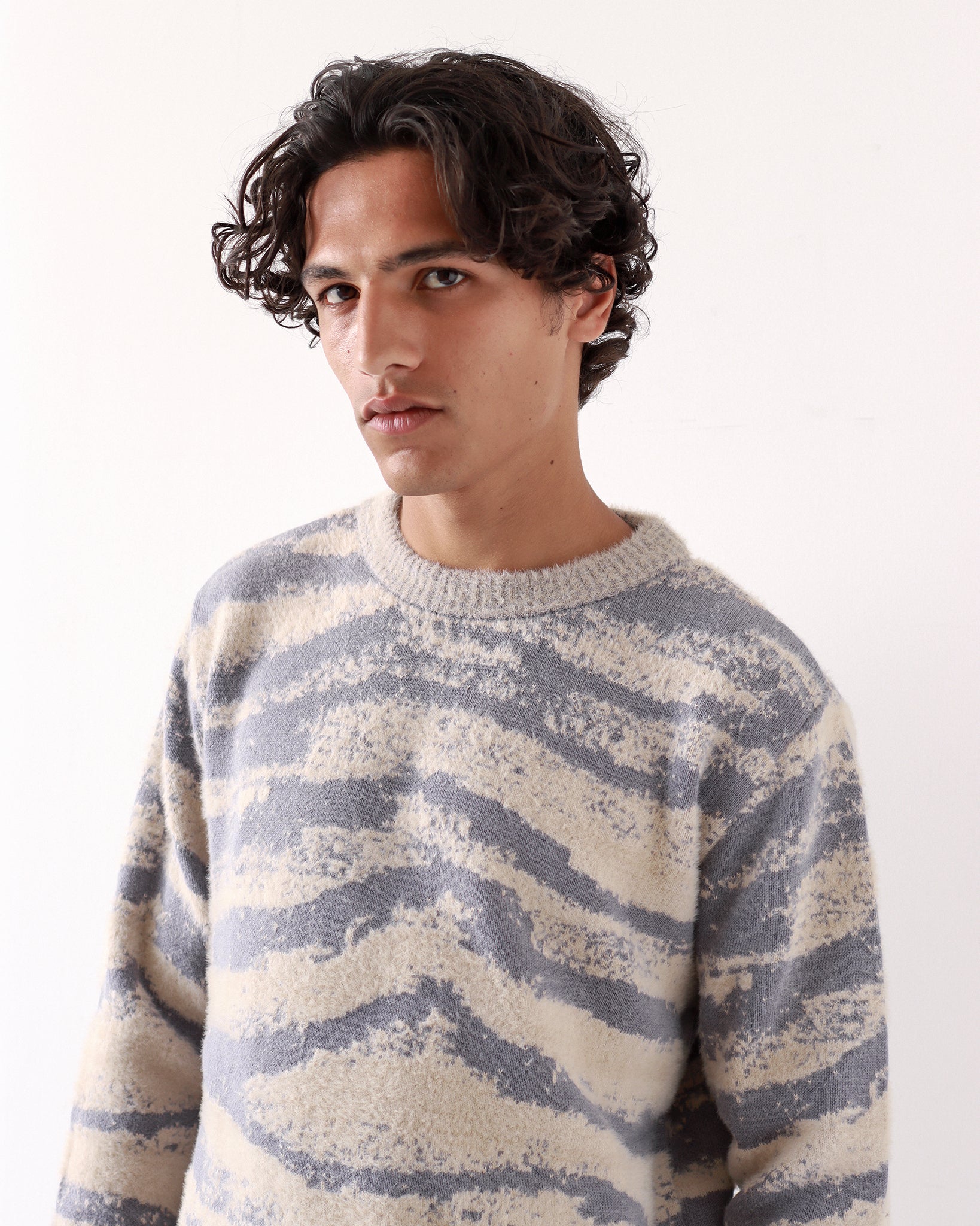 Ether Fluffy Knit Sweater, Silver Blue/Cornstalk