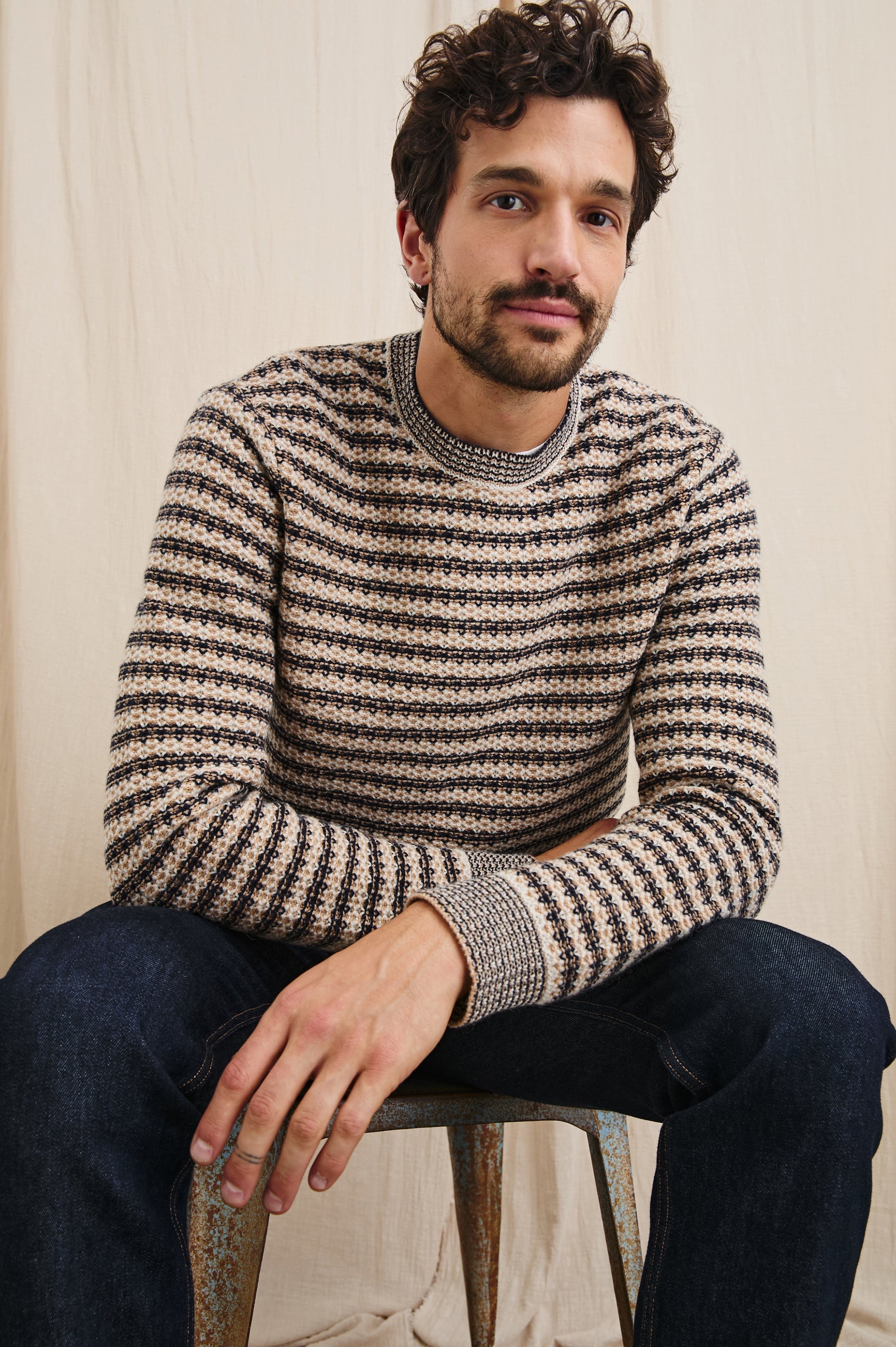 Carrick Sweater in Navy Oat Stripe