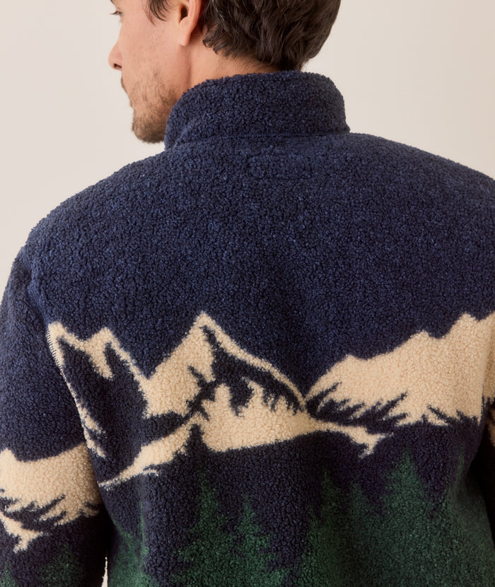 Marine Layer Archive Alpine Sherpa Pullover Navy Mountain Scene Small