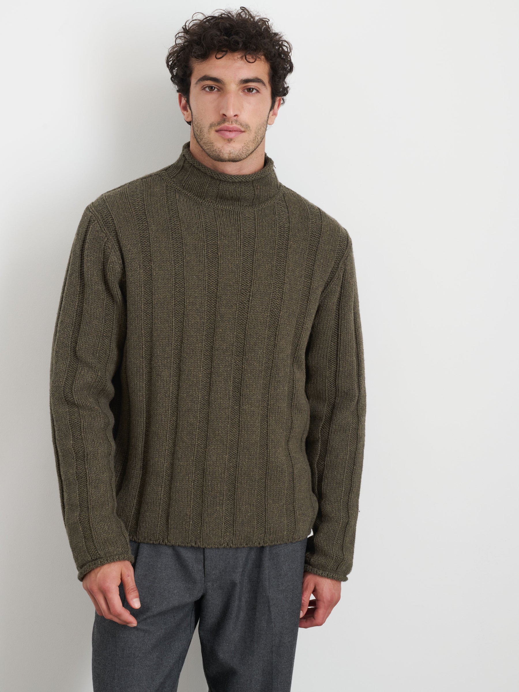 Roll Neck Sweater in Heather Olive