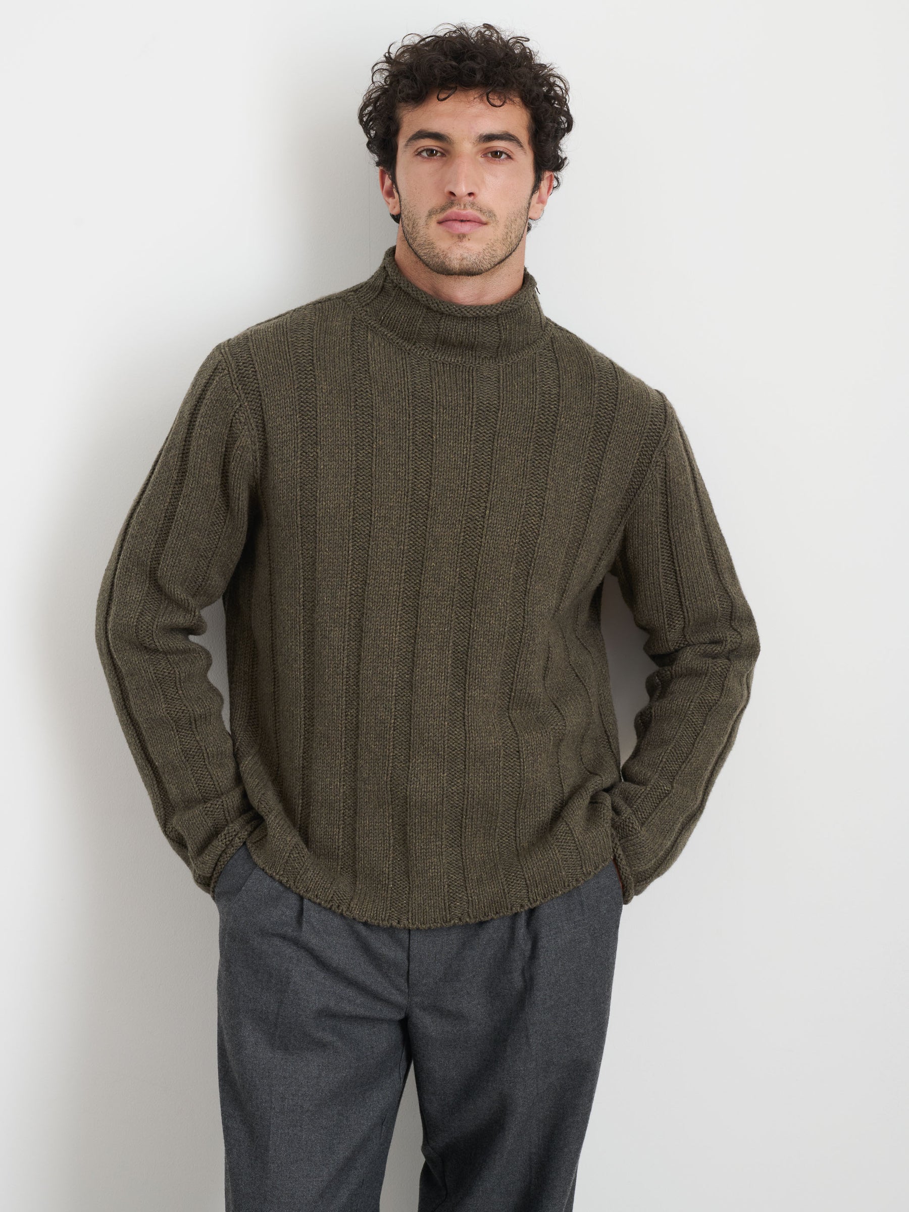 Roll Neck Sweater in Heather Olive