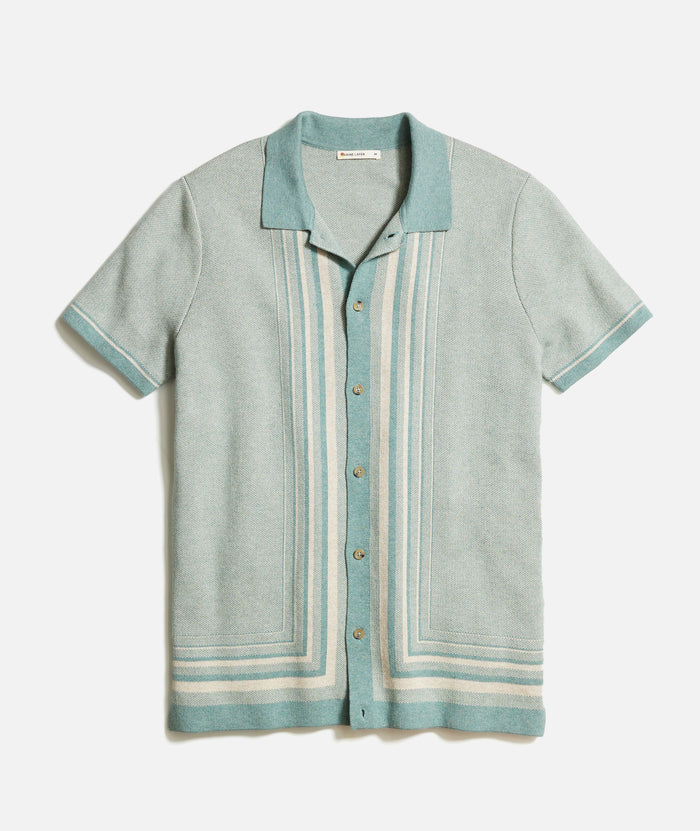 Short Sleeve Border Stripe Button-Down Sweater Deep Sea/Oatmeal