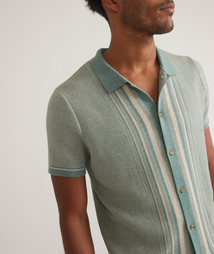 Short Sleeve Border Stripe Button-Down Sweater Deep Sea/Oatmeal