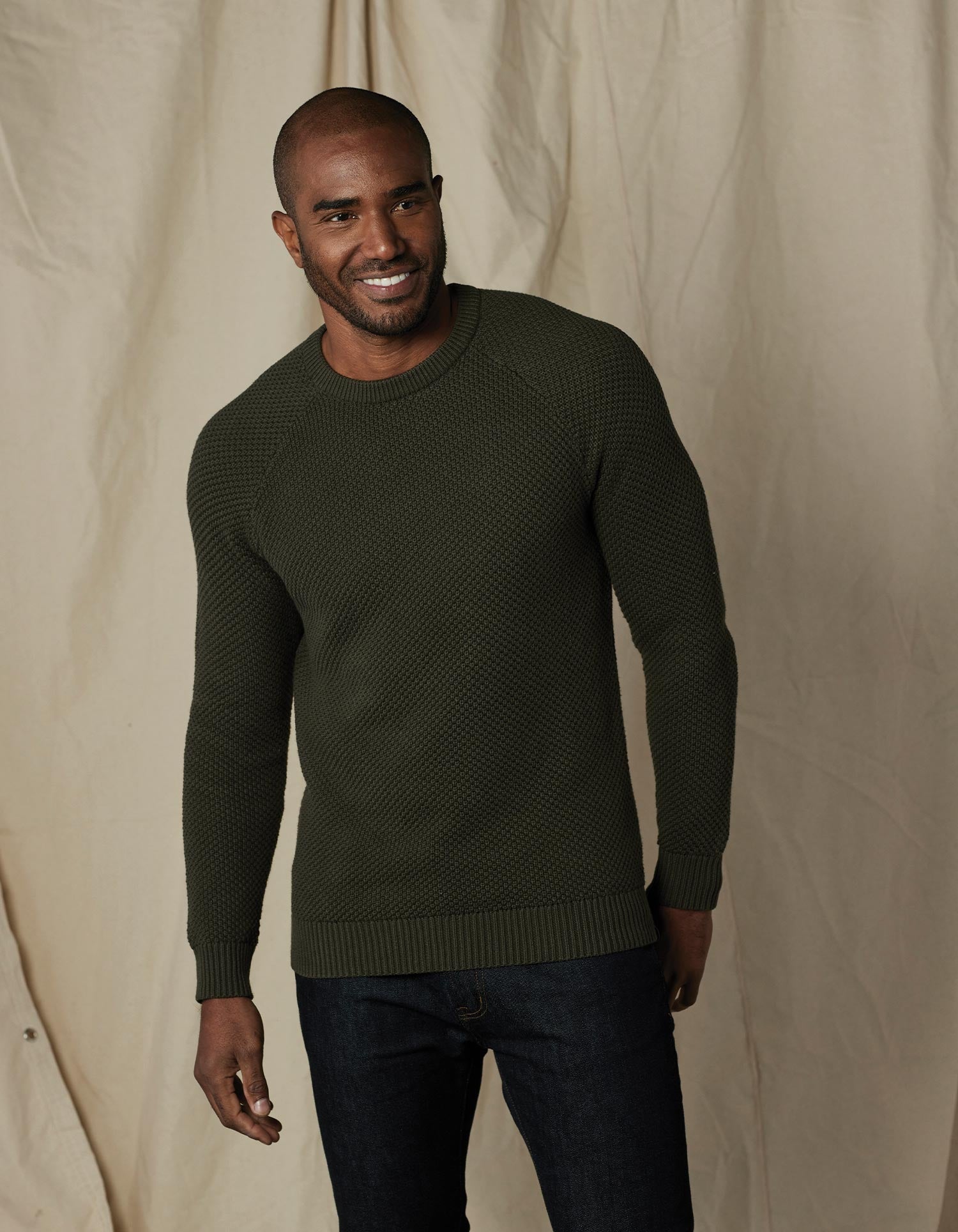 Moss Stitch Crew Sweater in Oakmoss