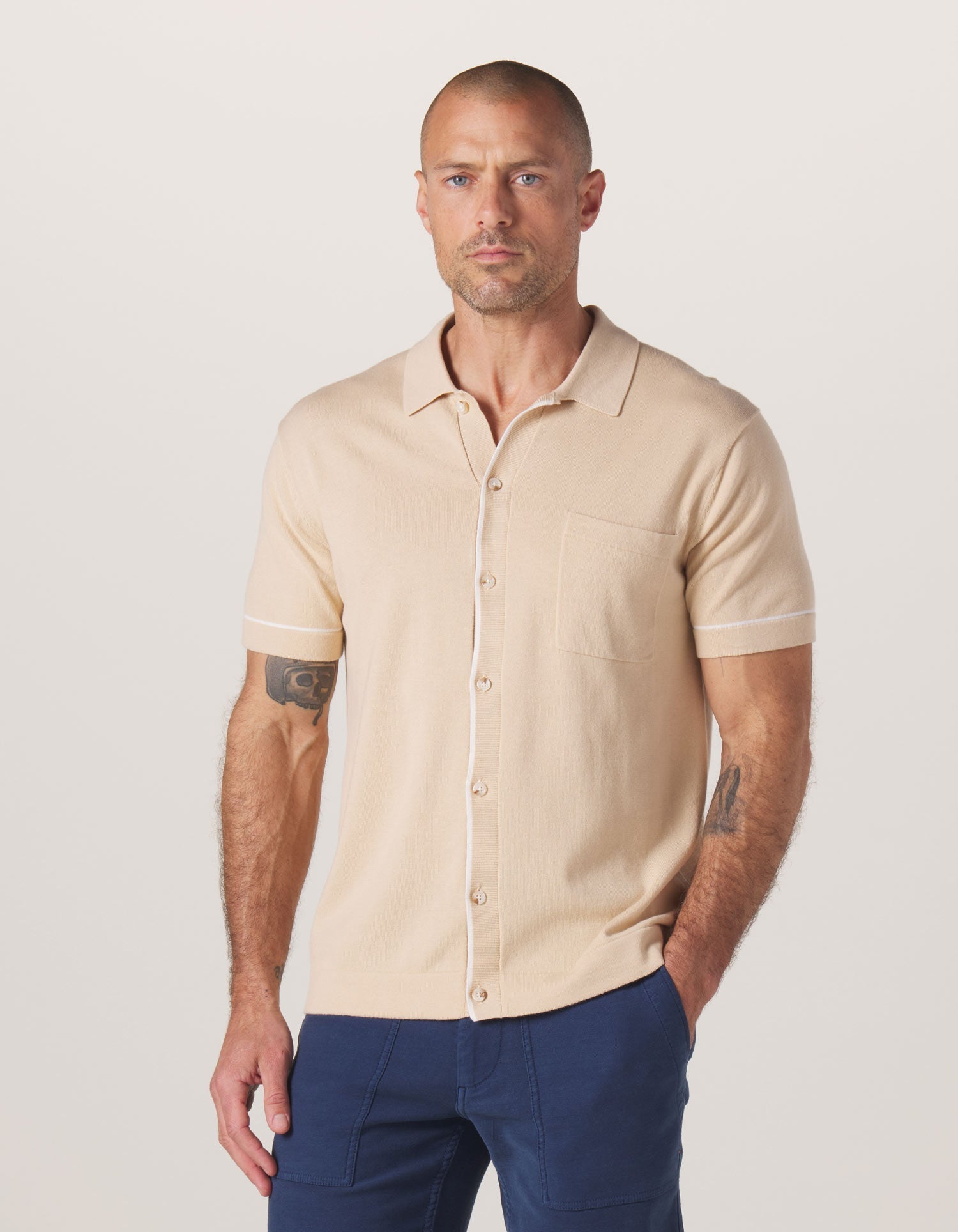 Robles Knit Short Sleeve Button Down Tan/White