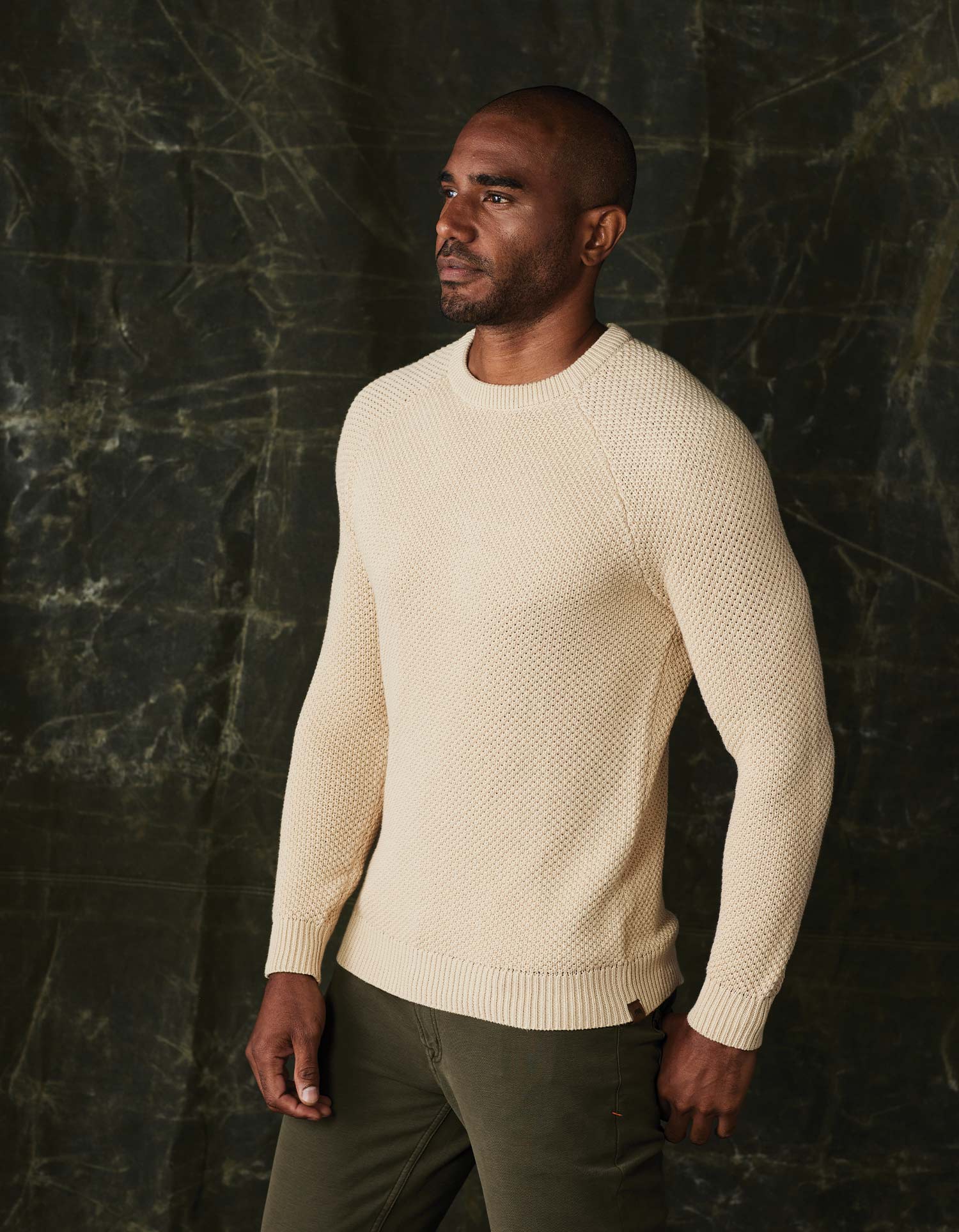 Moss Stitch Crew Sweater in Tan