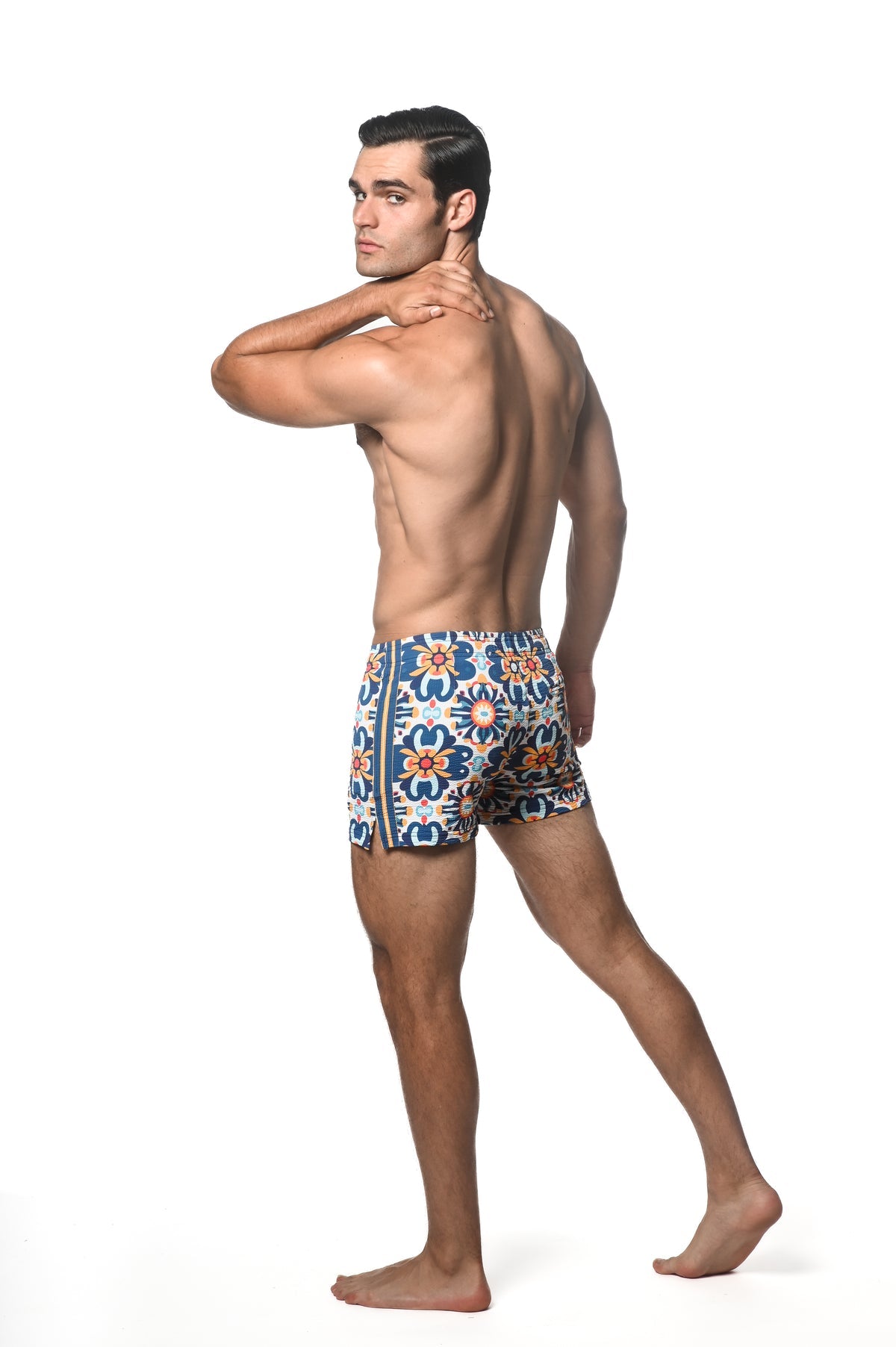 Printed Seersucker Swim Short Cobalt/Sunrise Floral Tiles