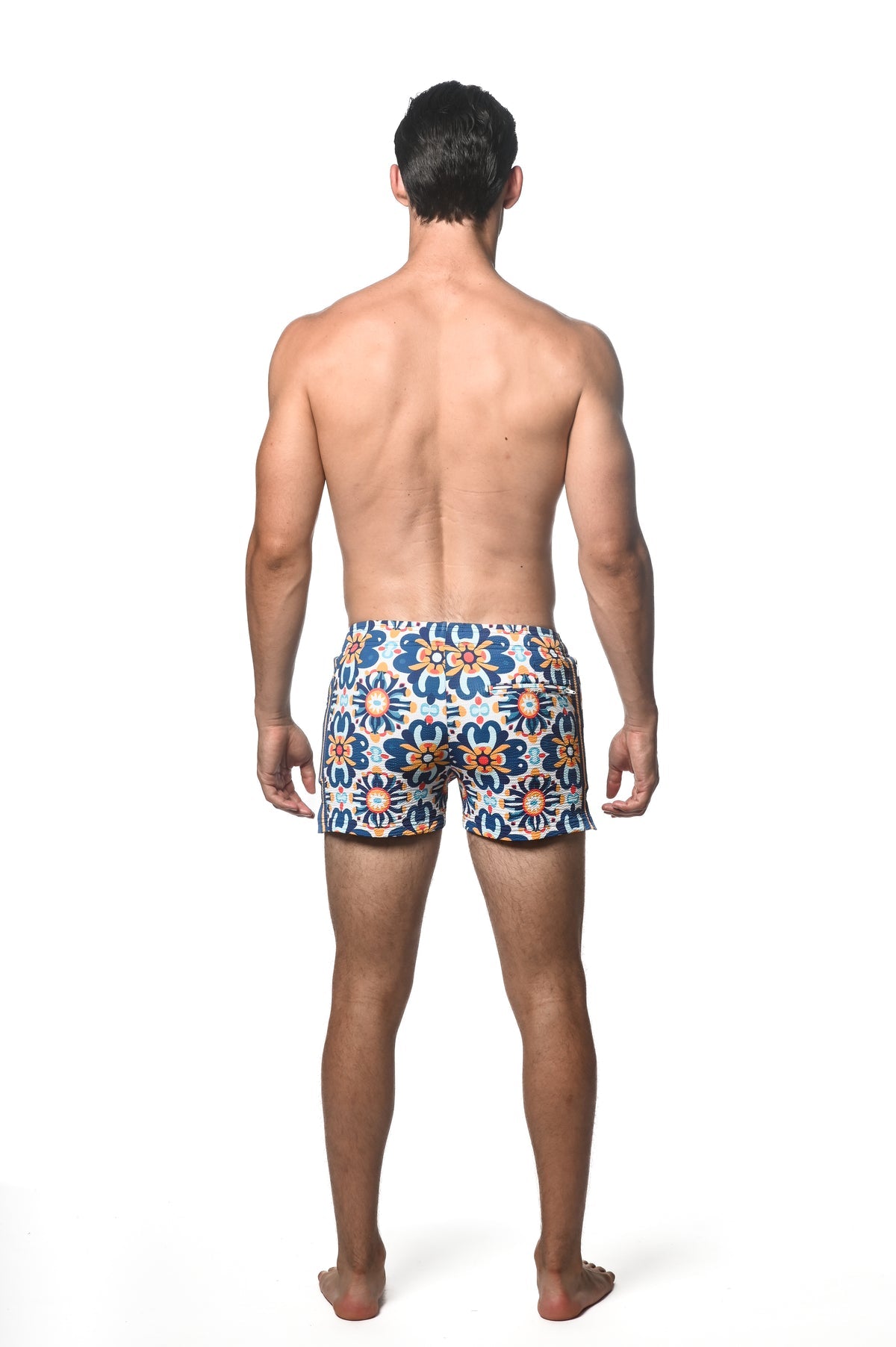 Printed Seersucker Swim Short Cobalt/Sunrise Floral Tiles