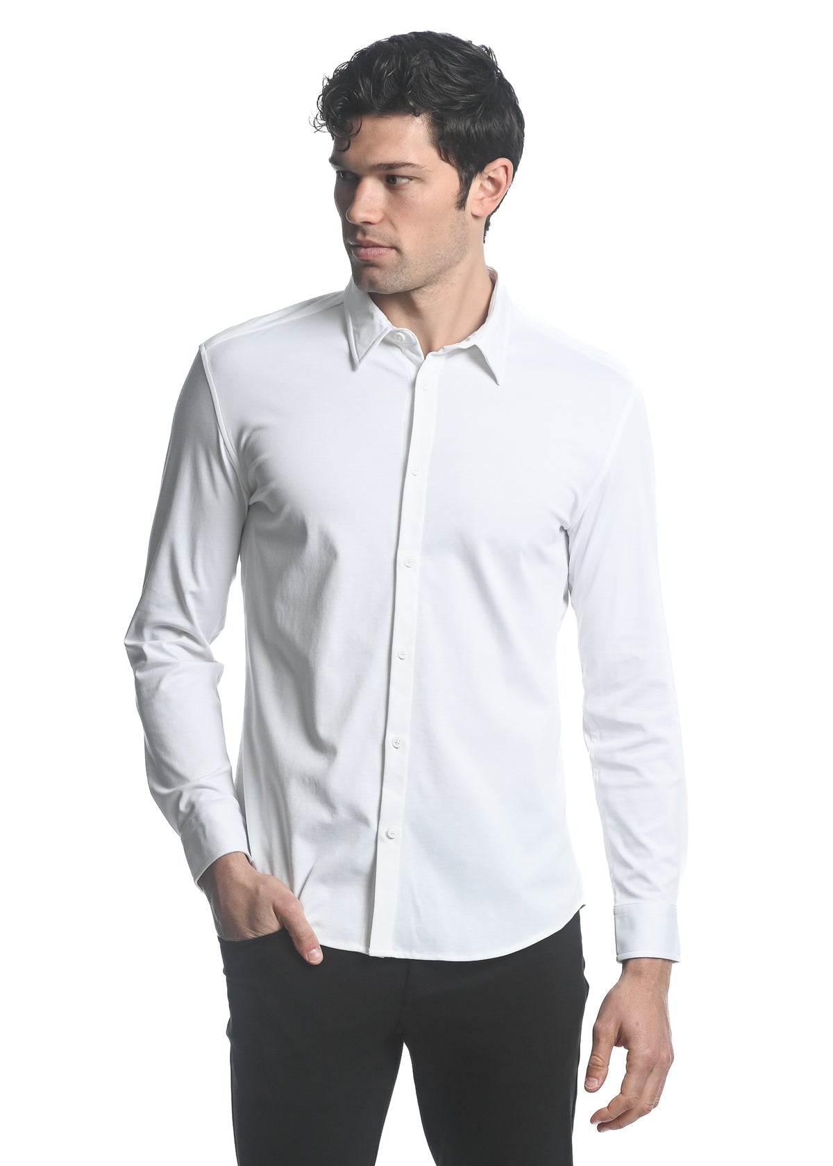 Solid Stretch Knit Long Sleeve Shirt White