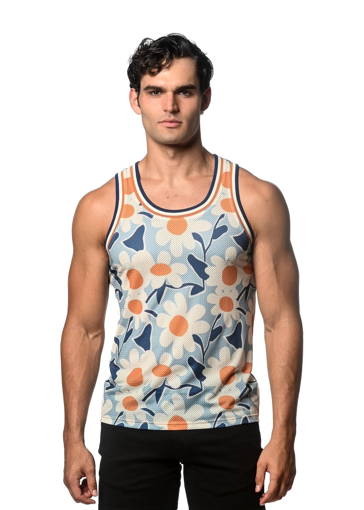 Printed Stretch Mesh Tank W/ Stripe Ribbing Blue/Gold Daisies