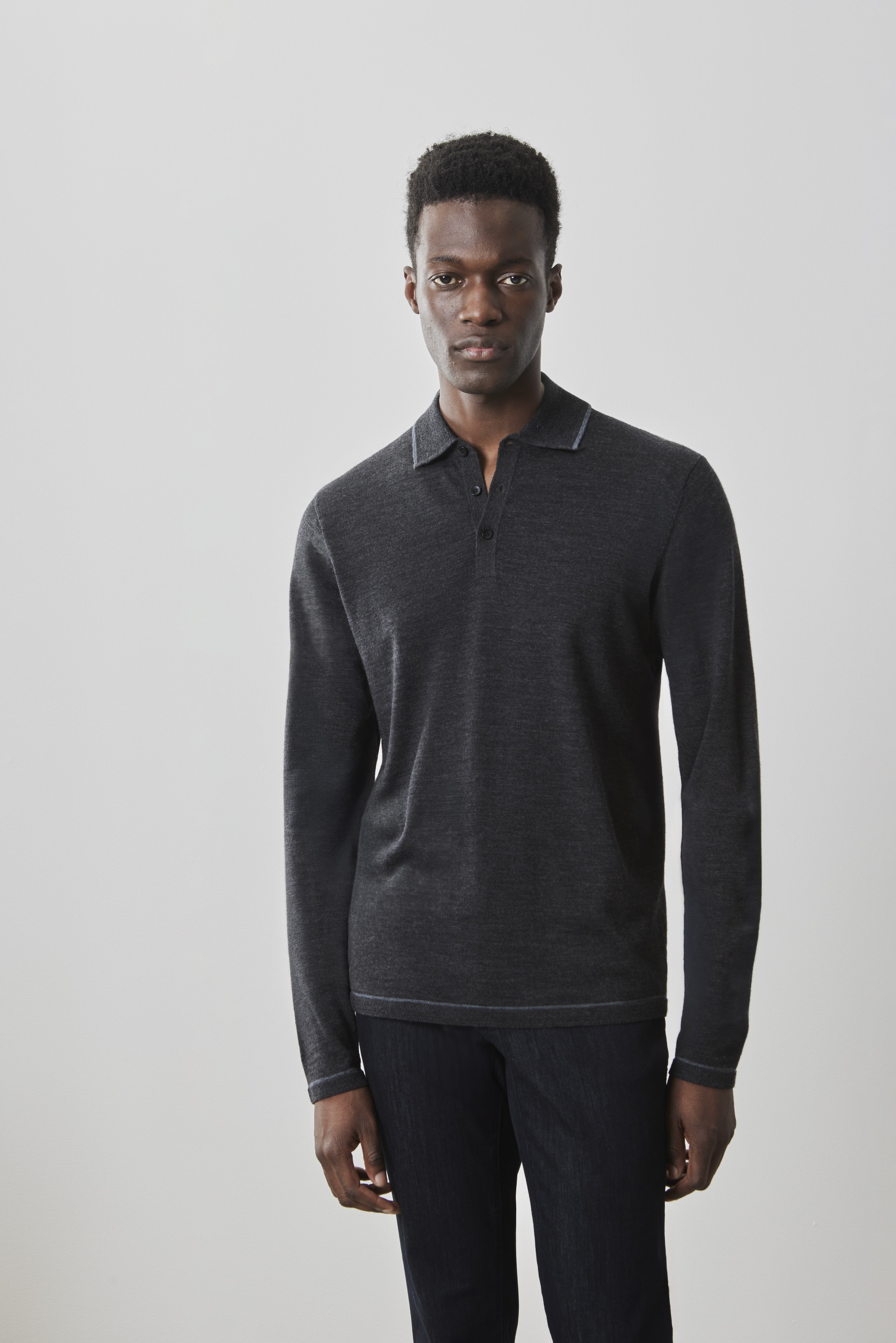 Roman Long Sleeve Sweater Polo in Charcoal