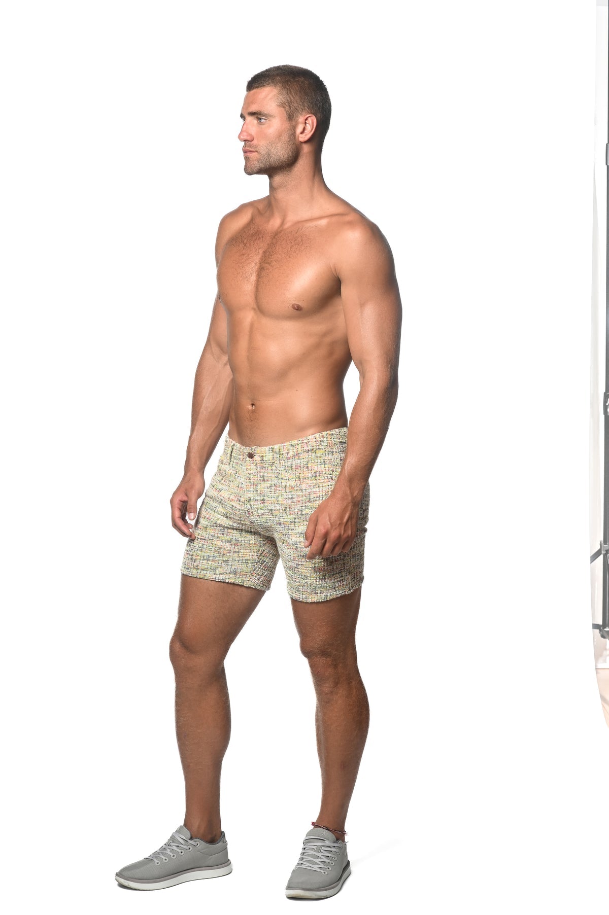 Tweed-Look Stretch Knit Shorts Aloe/Spruce Mini Checks