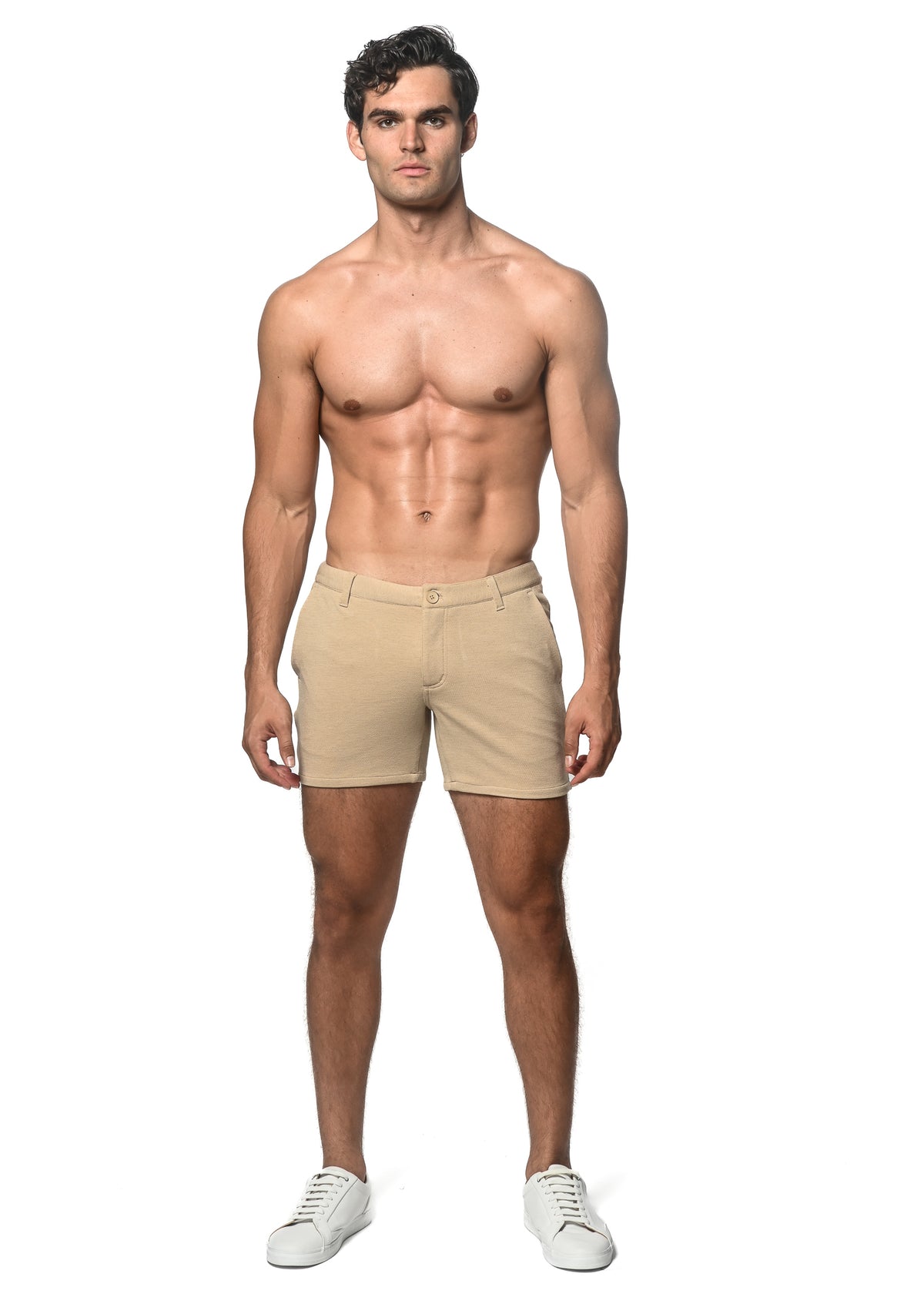 Textured Stretch Chino Shorts W/ Zip Pockets Khaki