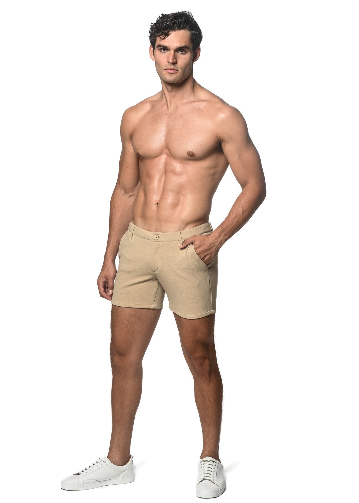 Textured Stretch Chino Shorts W/ Zip Pockets Khaki