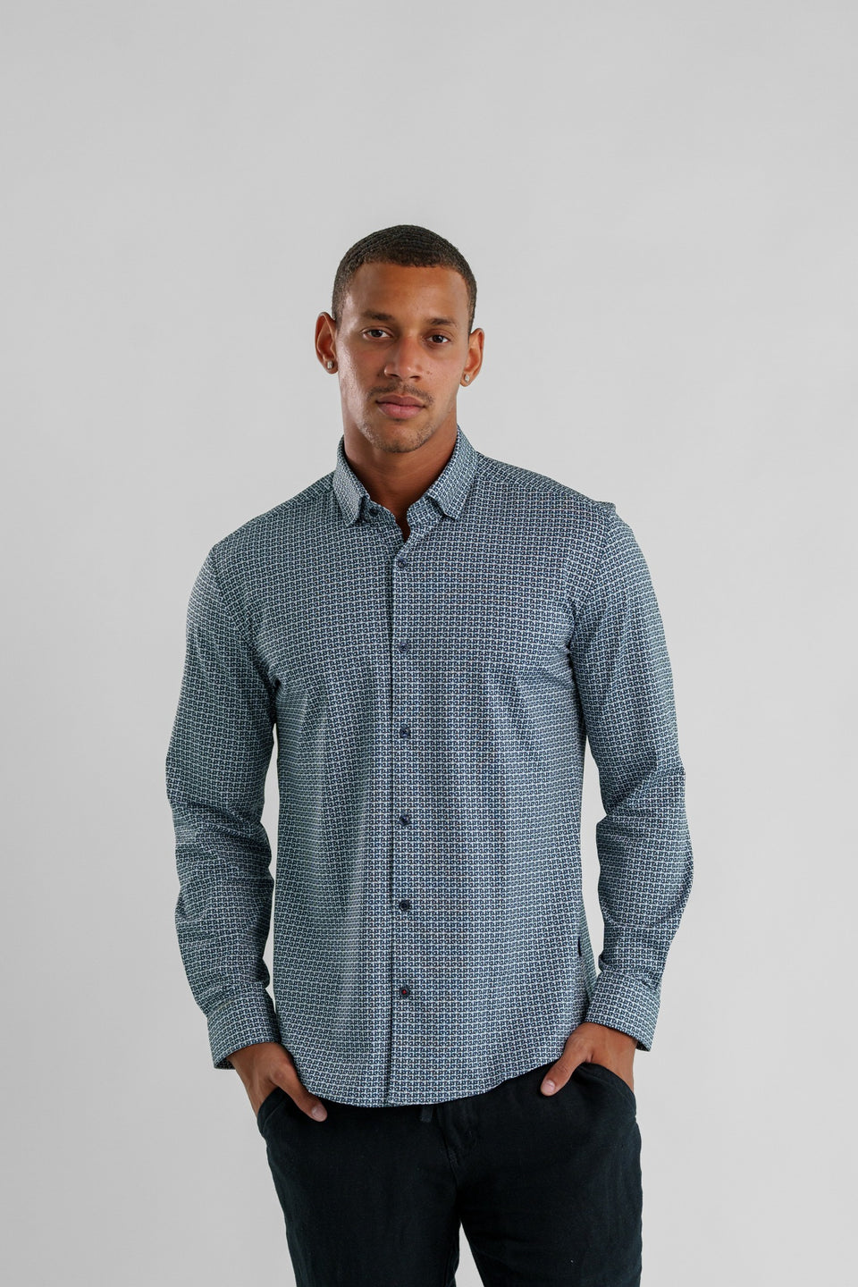 Techno Stretch Texture Check Shirt Navy