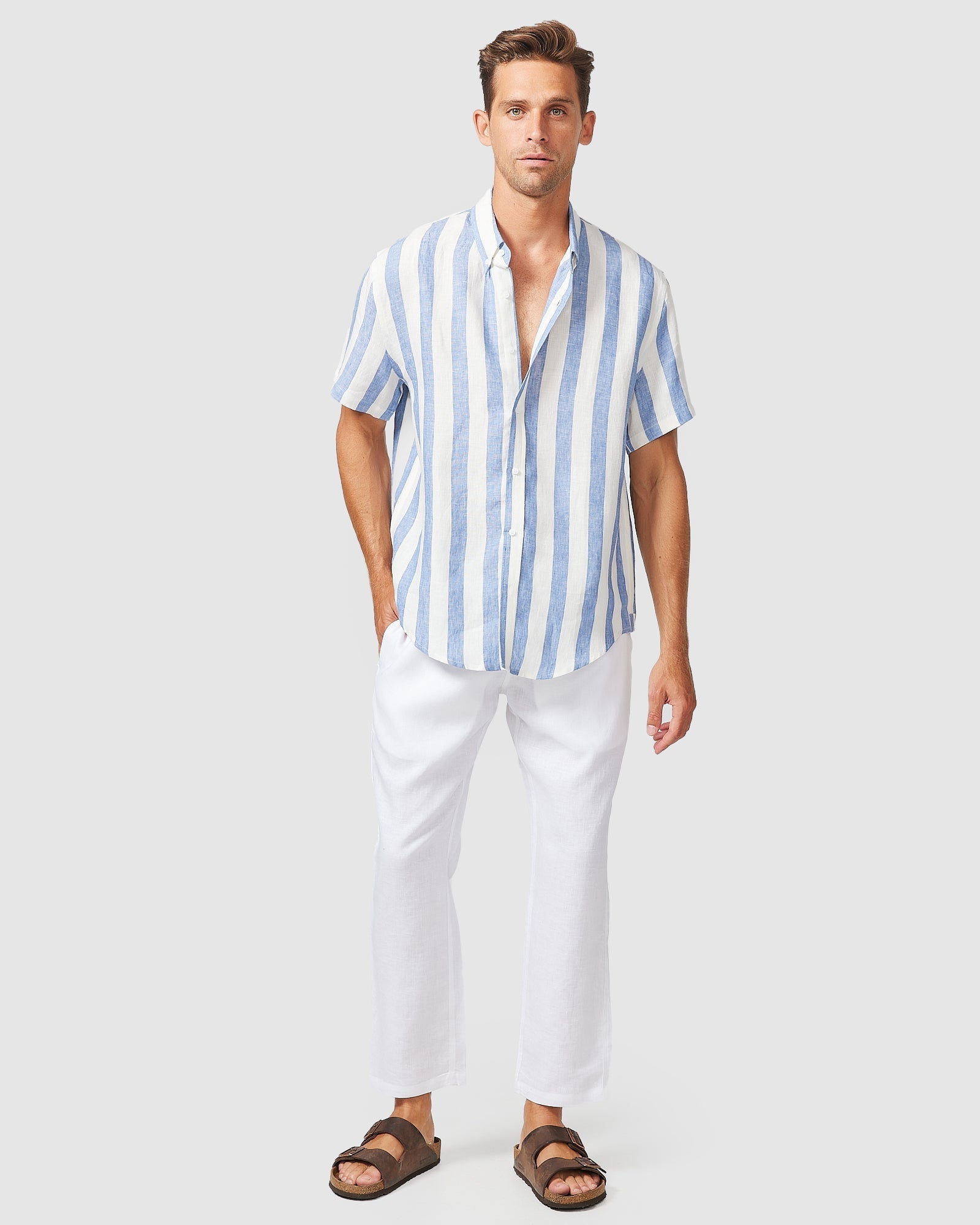 Blue Stripe Short Sleeve Linen Shirt Blue Stripe