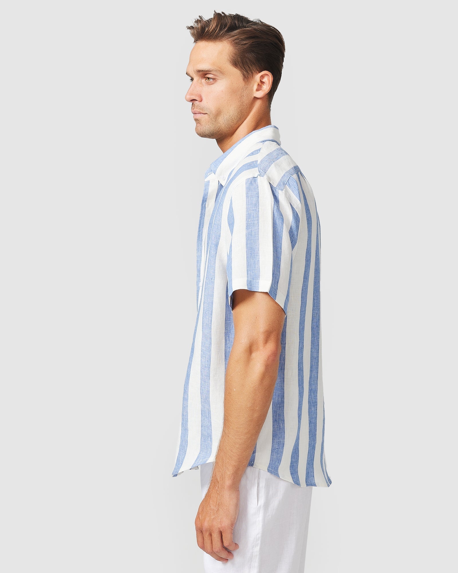 Blue Stripe Short Sleeve Linen Shirt Blue Stripe