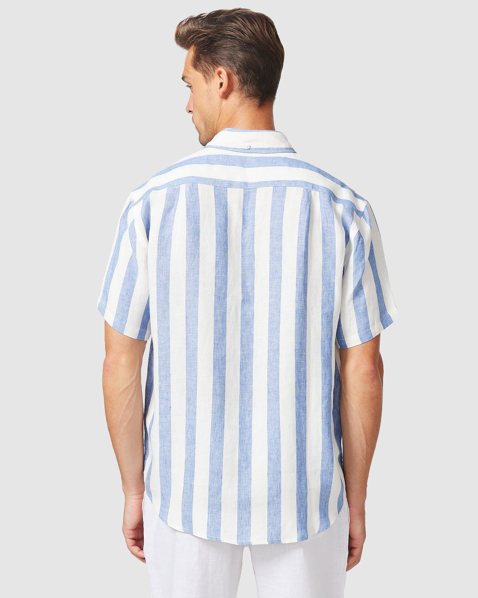 Blue Stripe Short Sleeve Linen Shirt Blue Stripe