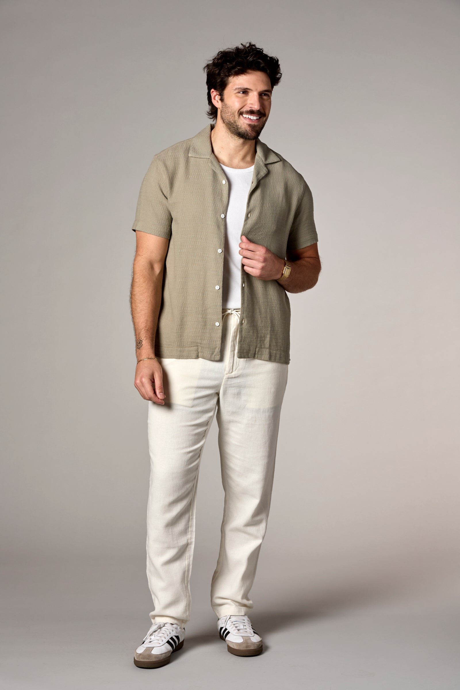 Bahamas S/S Garment Dyed Cotton/Linen Camp Shirt Light Olive